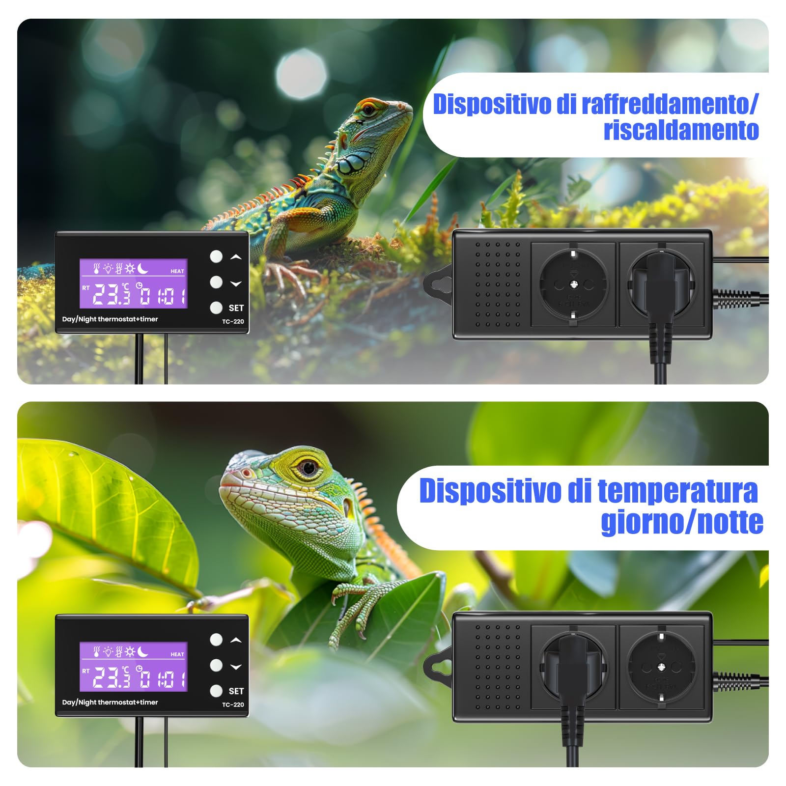 GlowUp Termostato Digitale per Rettili, 220V Presa Termostato Terrario Rettili Digitale Presa con Sonda, Riscaldamento e Raffreddamento con Giorno Notte Timer per Serra, Acquario, Rettili