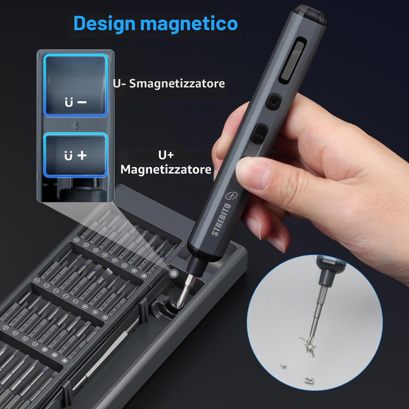 STREBITO Set di cacciaviti elettrico mini, 70 in 1 Piccolo cacciavite elettrico - 64 bit di precisione S2, 5 impostazioni di coppia, 4 luci LED, mini kit di strumenti di riparazione con cacciavite