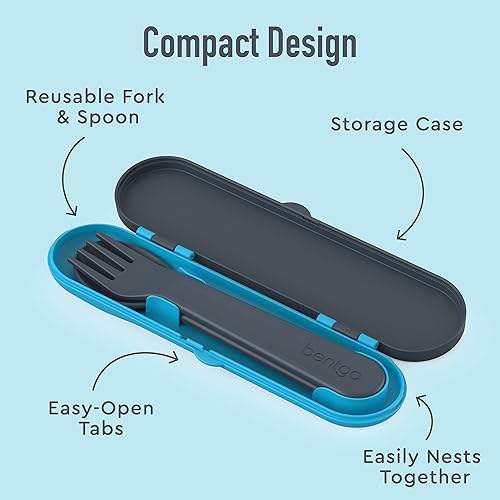 Miniatura 4 de Bentgo Juego de utensilios para niños tenedor cuchara y estuche de almacenamiento de plástico reutilizable hecho de materiales sin BPA apto para