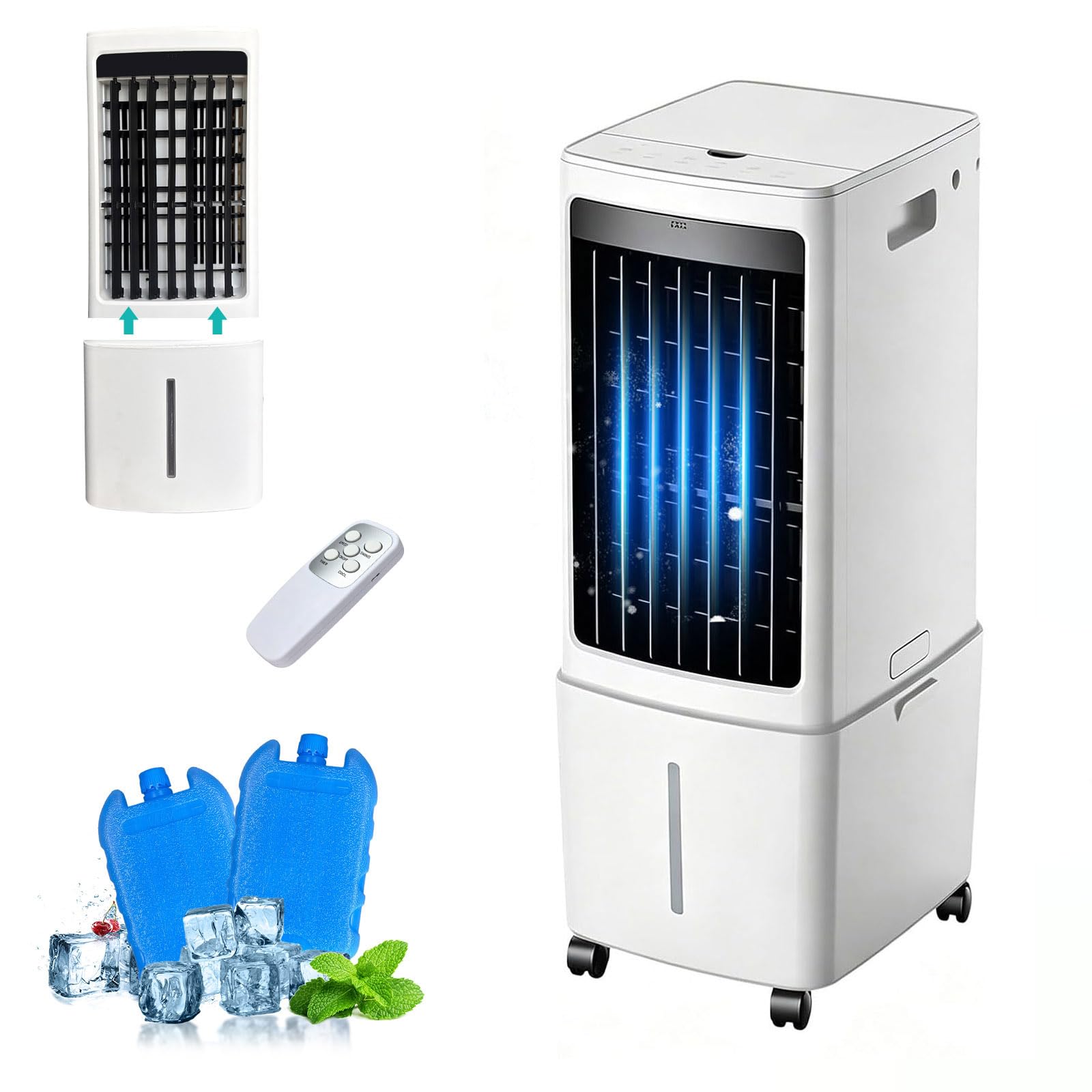 Portable Evaporative Air Cooler, 12L Detachable Water Tank, Air Cooling Fan with Remote Control, 7.5-Hour Timer, Swamp Cooler with Caster Wheels for Bedroom, Office, Home
