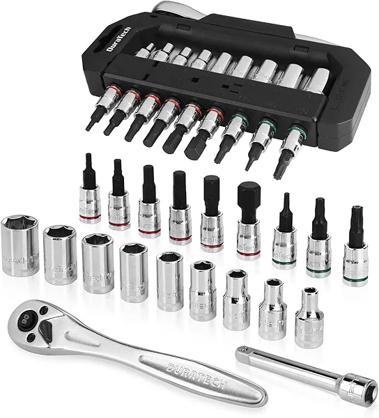 DURATECH 1/4" Drive Socket Set 20 Pieces, Including Metric and SAE Bit Sockets, Ratchet Wrench, Extension Bar, and Swivel Storage Rack, Cr-V S2 alloy steel, Meets ANSI Standards 20PCS 1/4" B