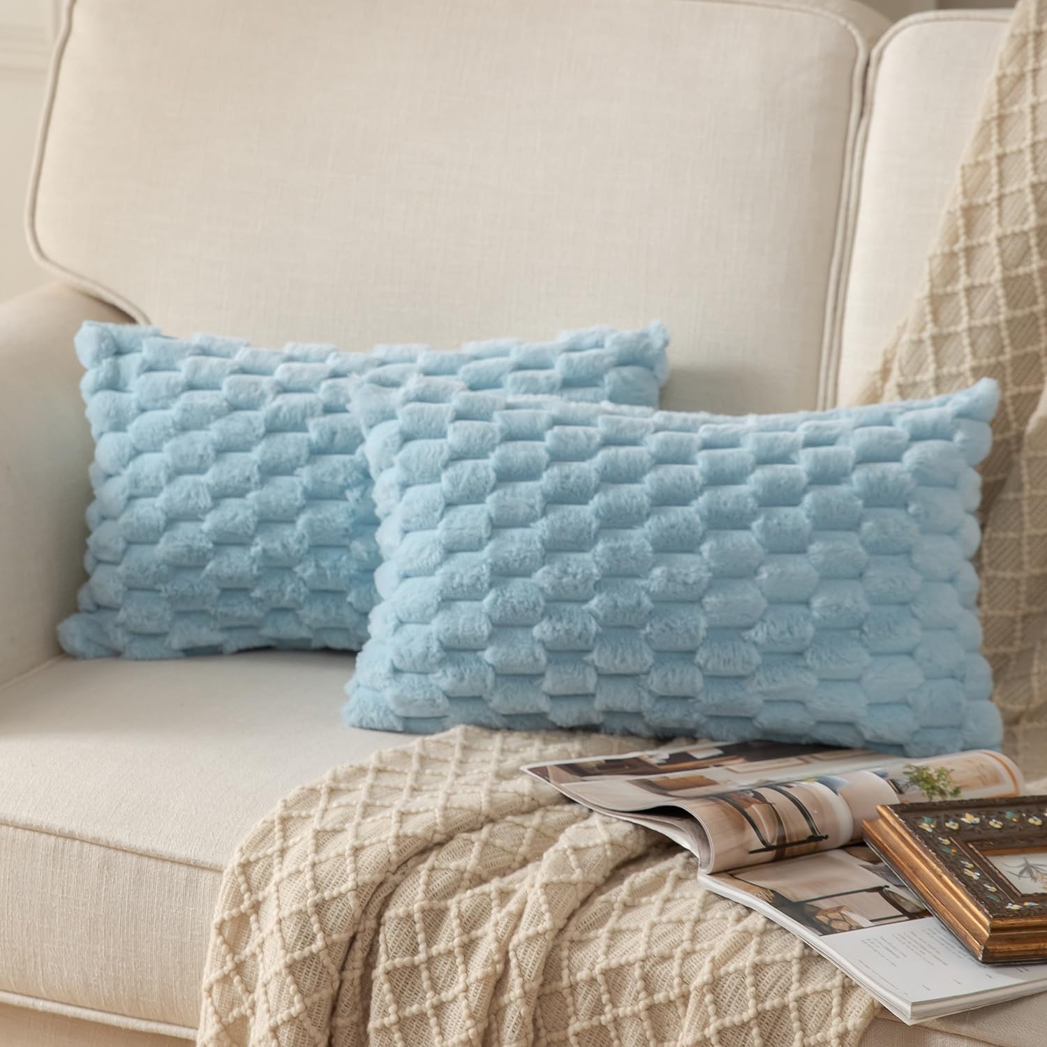 MANDIOO Pack of 2 Light Blue Super Soft Plush Fluffy Decorative Throw Pillow Covers 12x20 inch Faux Fur Wool Velvet Cushion Covers Pillow Cases Couch