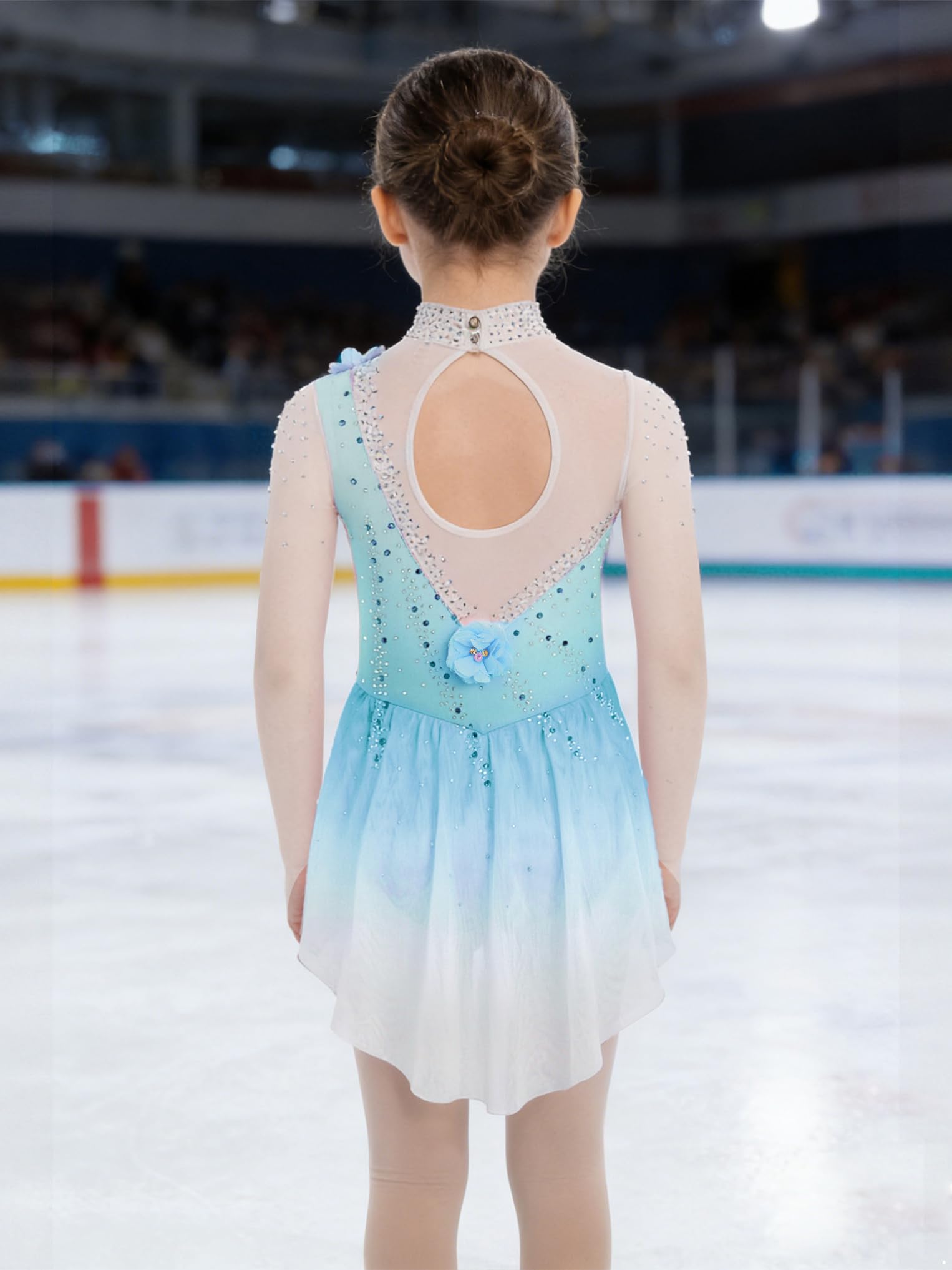 Oyolan Robe Patinage Artistique Fille Tenue Patinage sur Glace Justaucorps Manches Longues Strass Costume