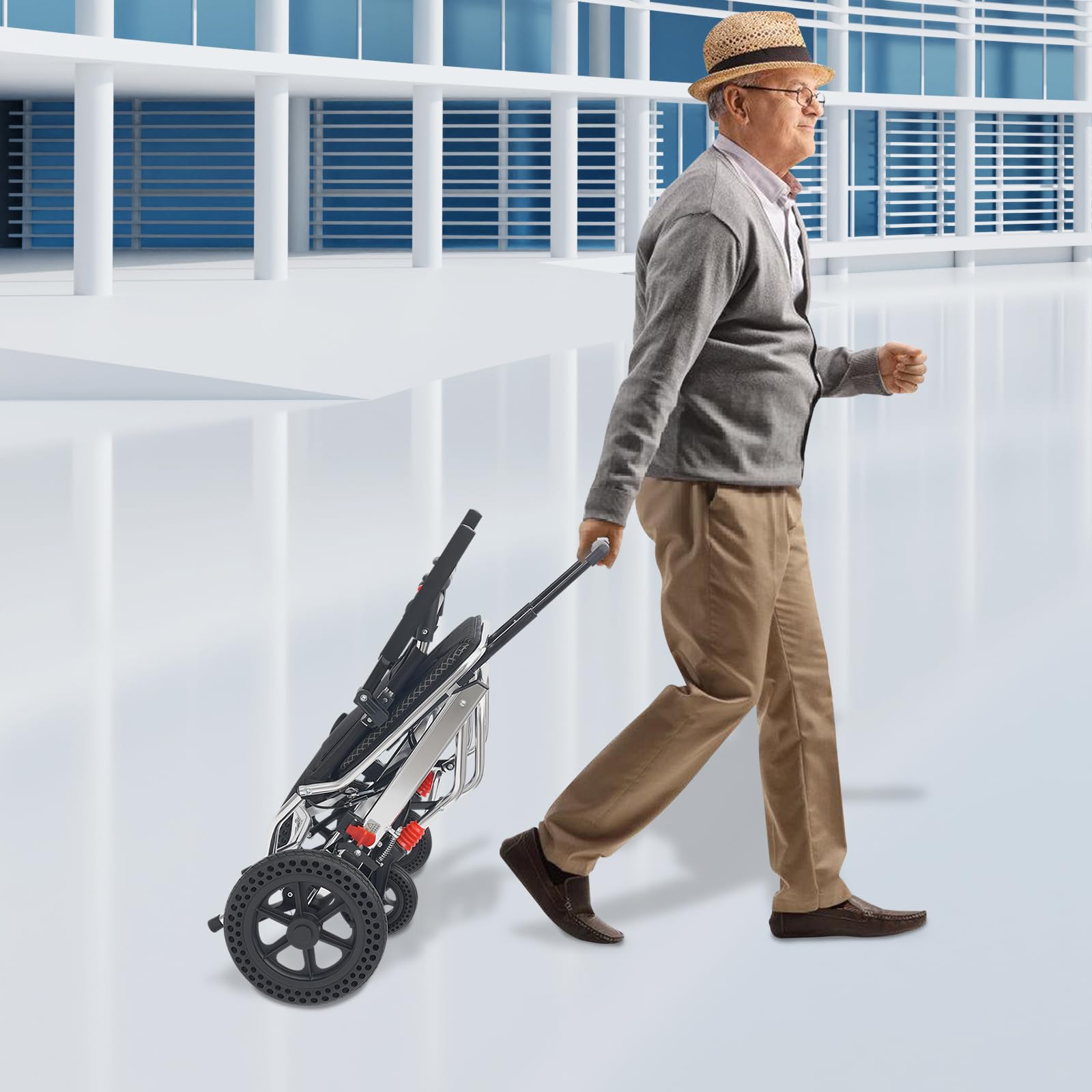 Składany wózek inwalidzki, lekki, aluminiowy wózek turystyczny z oddychającą powierzchnią do siedzenia, oparcie 45 cm, kółka 360°, uchwyt transportowy, do 100 kg, przenośny wózek inwalidzki dla osób