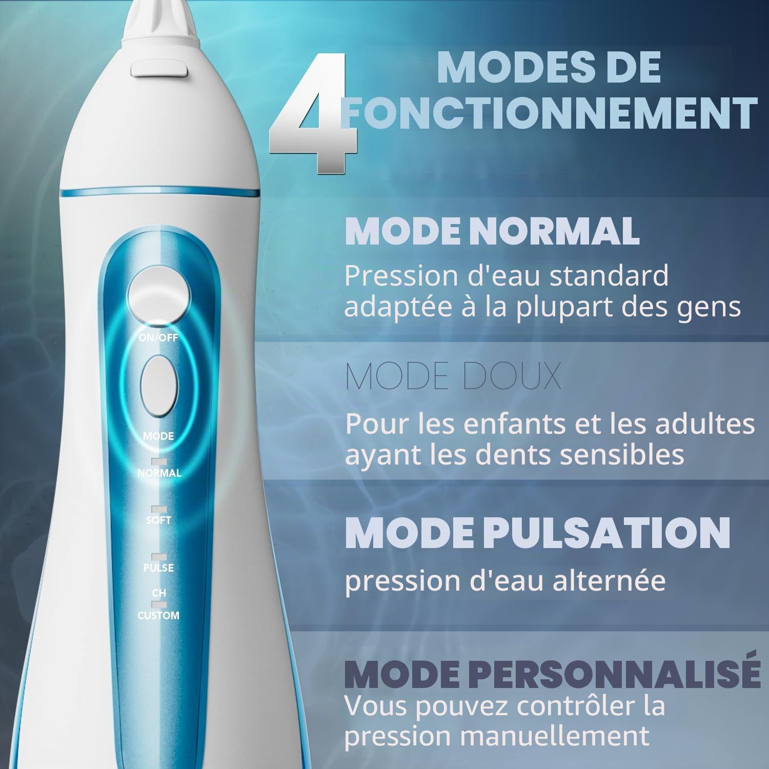 Nicwell Hydropulseur dentaire pour dents : 4 modes sans fil, portable, rechargeable, irrigateur buccal IPX7, nettoyage en profondeur, nettoyage en profondeur, machine pour la maison et les voyages