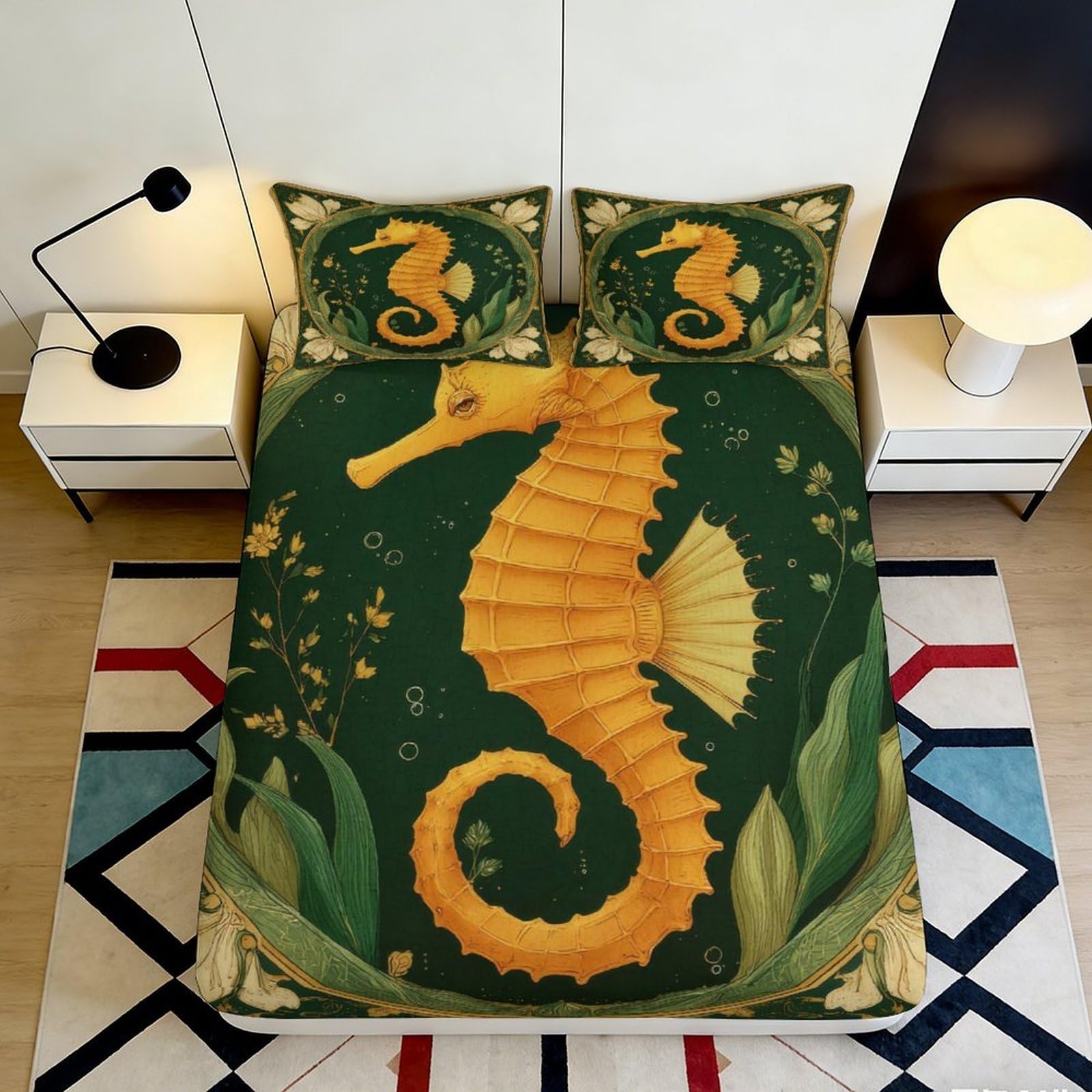 Pnayamiorkfel Style-5 3D Printed Yellow Seahorse Fitted Sheet Microfiber Soft Green Ocean Bed Cover For Bedroom Dorm Mattress Decor 90X200x25cm