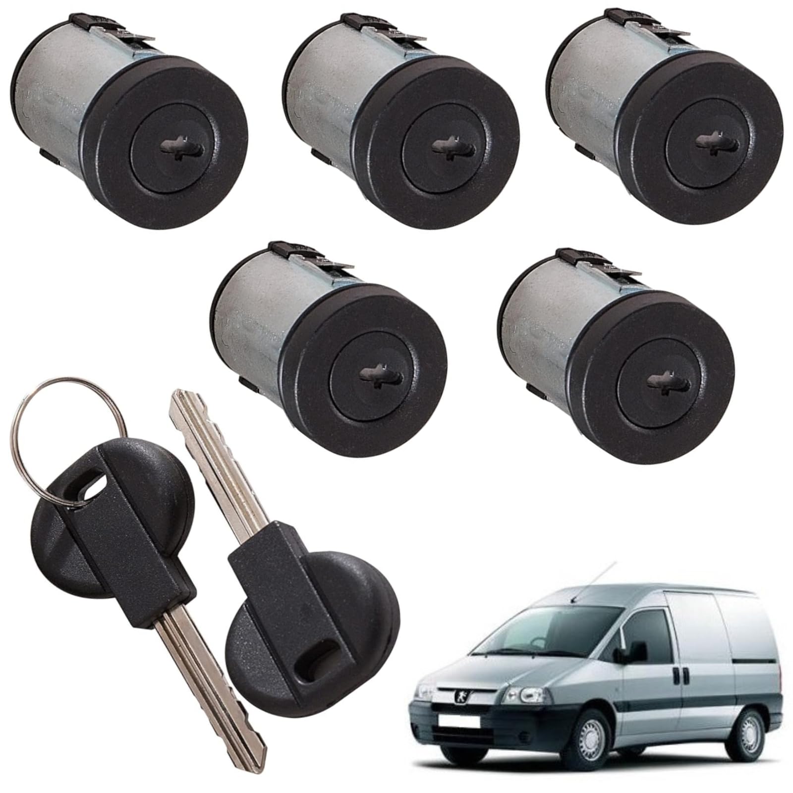 Twowinds - Bombín Cerrradura 4162.C9 Compatible con Peugeot Expert 806, Fiat Scudo Ulysse Zeta (1994-2006) Citroën Synergie - Puerta Delantera, Trasera, Izquierda, Derecha - Llave (set de 5)