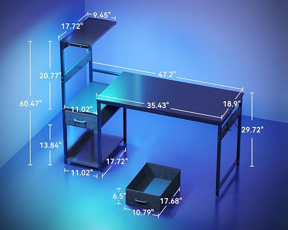Casaottima 48'' Gaming Desk with LED Lights & CPU Stand, Reversible Computer Desk with Storage Shelves & Fabric Drawer, Modern PC Gamer Table with Headphone Hook, Carbon Fiber Black