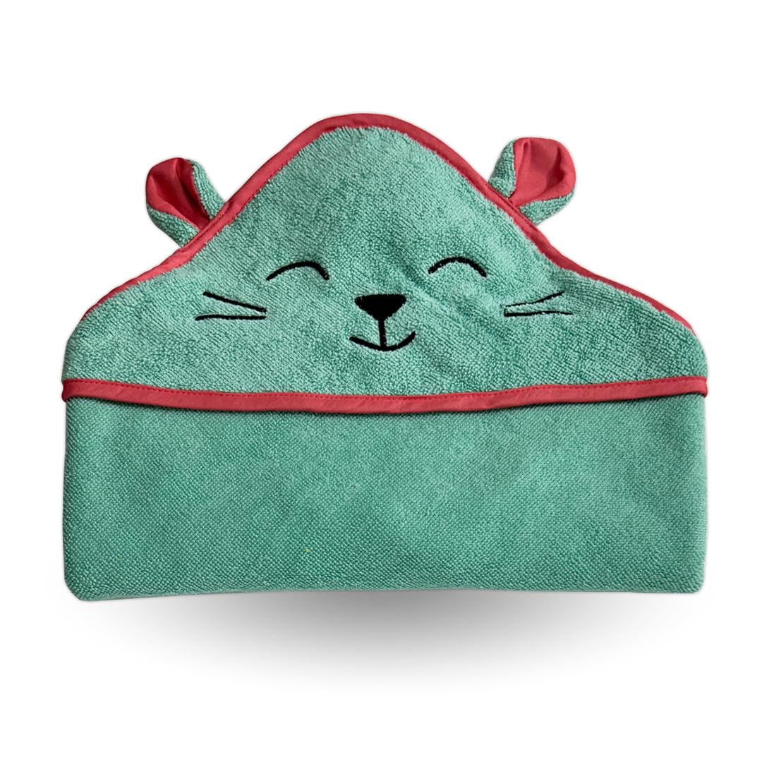 Kridlo 100% Cotton Terry Baby Hooded Towel for Newborn, Super Soft & Absorbent GSM-550 Bath Towel, 70x70cm, 0-2 Years (Pack of 1, Minty Green Cat)