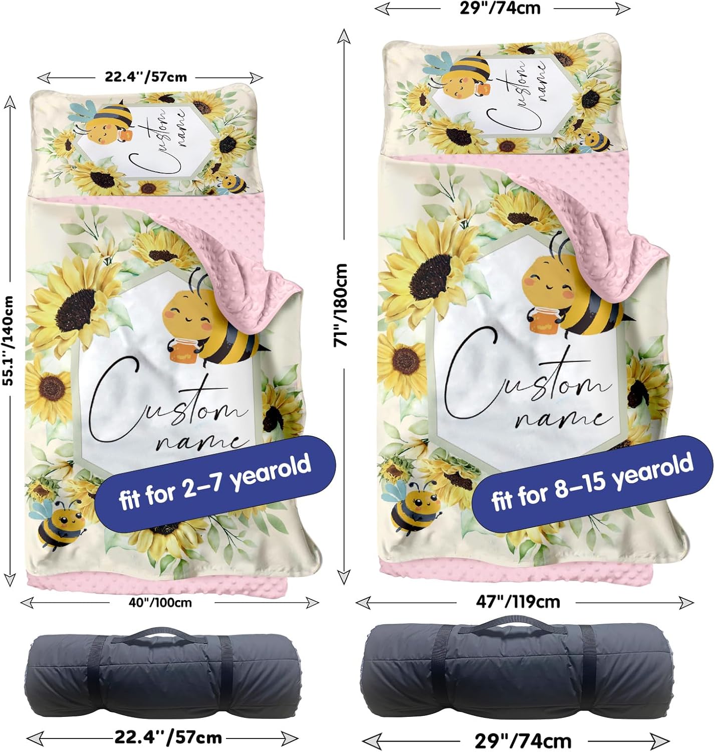 Personalized Elephant Nap Mat for Toddlers, Custom Floral Sleeping Bag with Nap Blanket, Pink Flower Theme Roll Up Mat