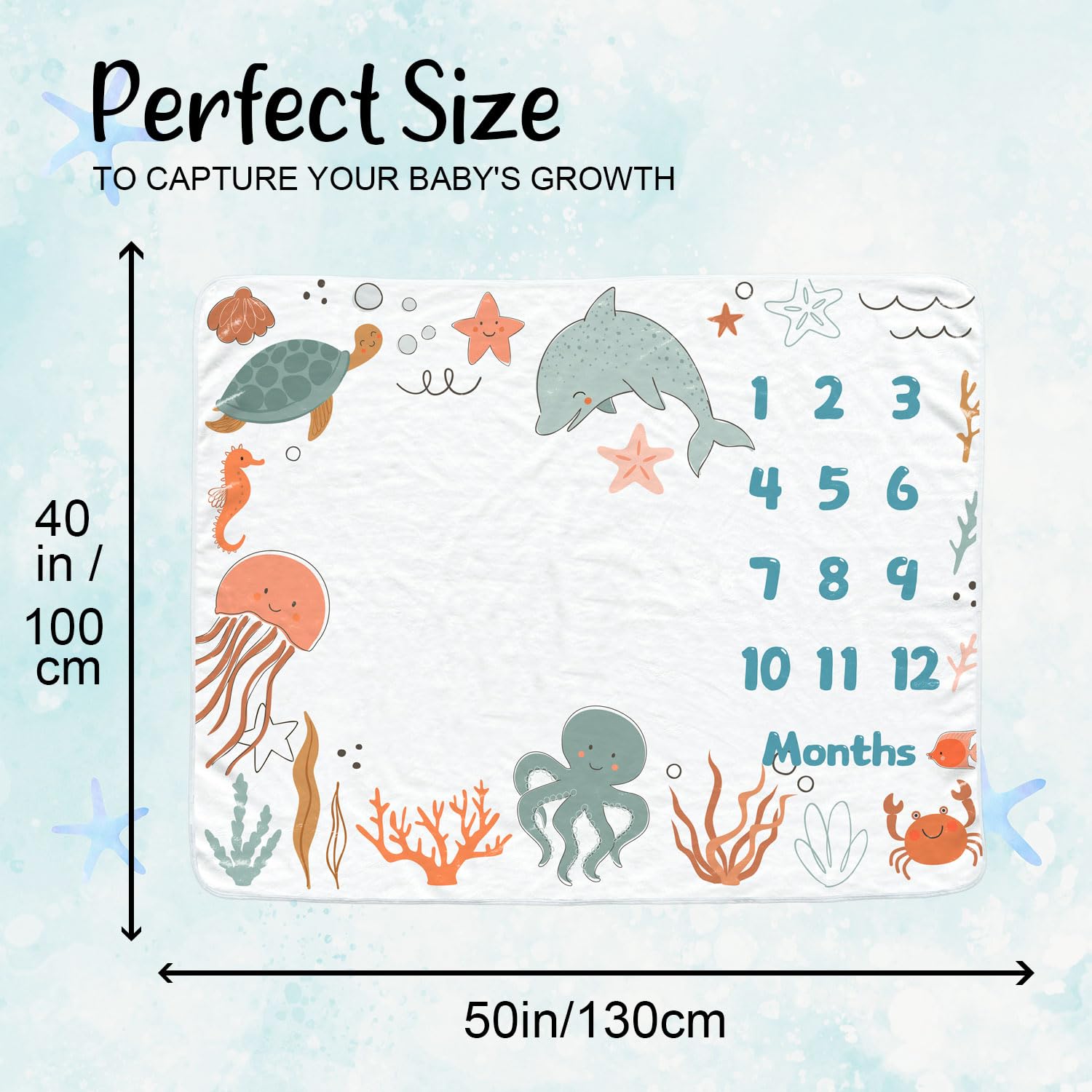 Ocean Baby - Manta mensual para niñas, manta de mes de recién nacido, manta de franela suave para fondo de fotografía, regalo de ducha personalizado, océano
