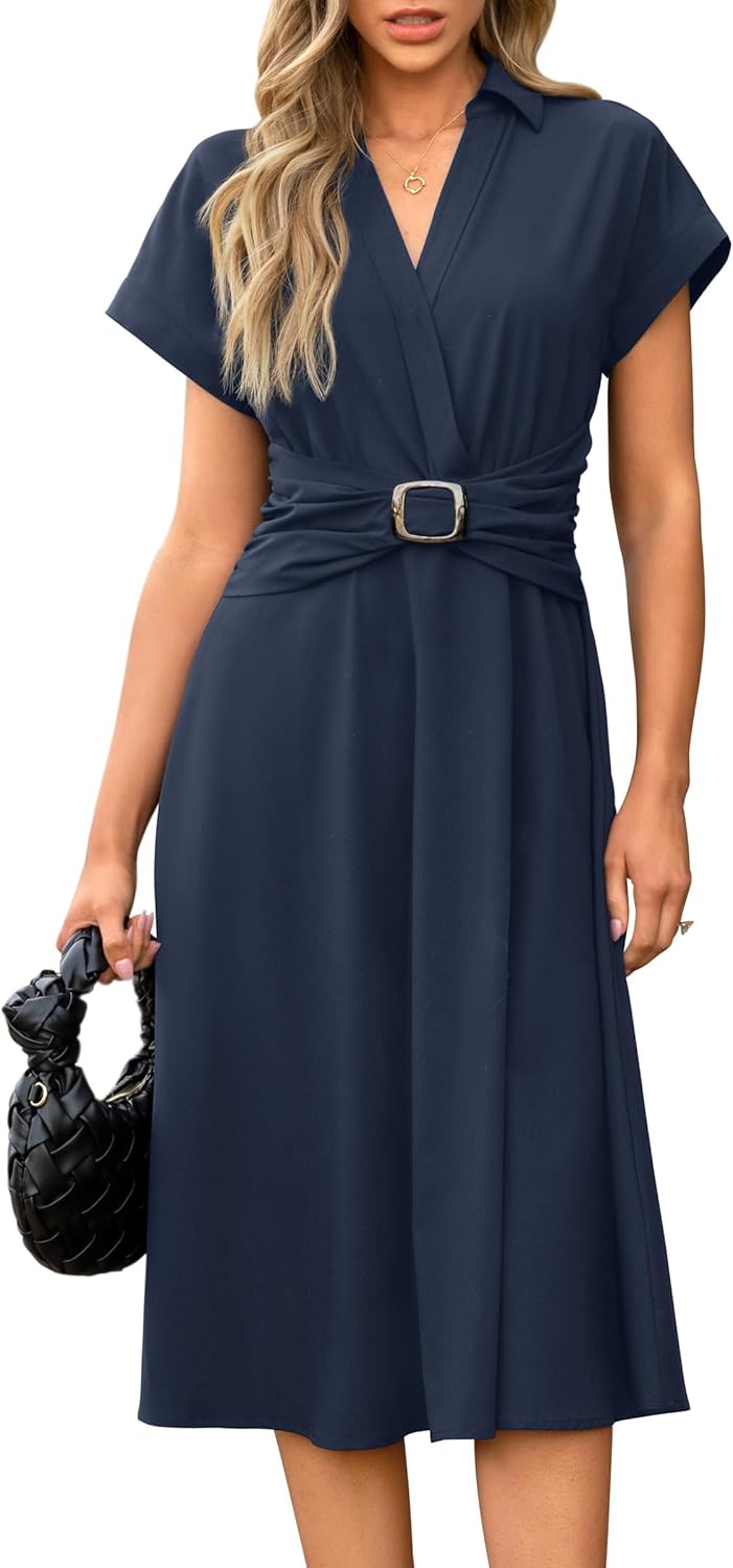 Newshows Womens Wear to Work Teacher Business Casual Dress Funeral Midi Dresses Button Down Office Clothes with Pockets