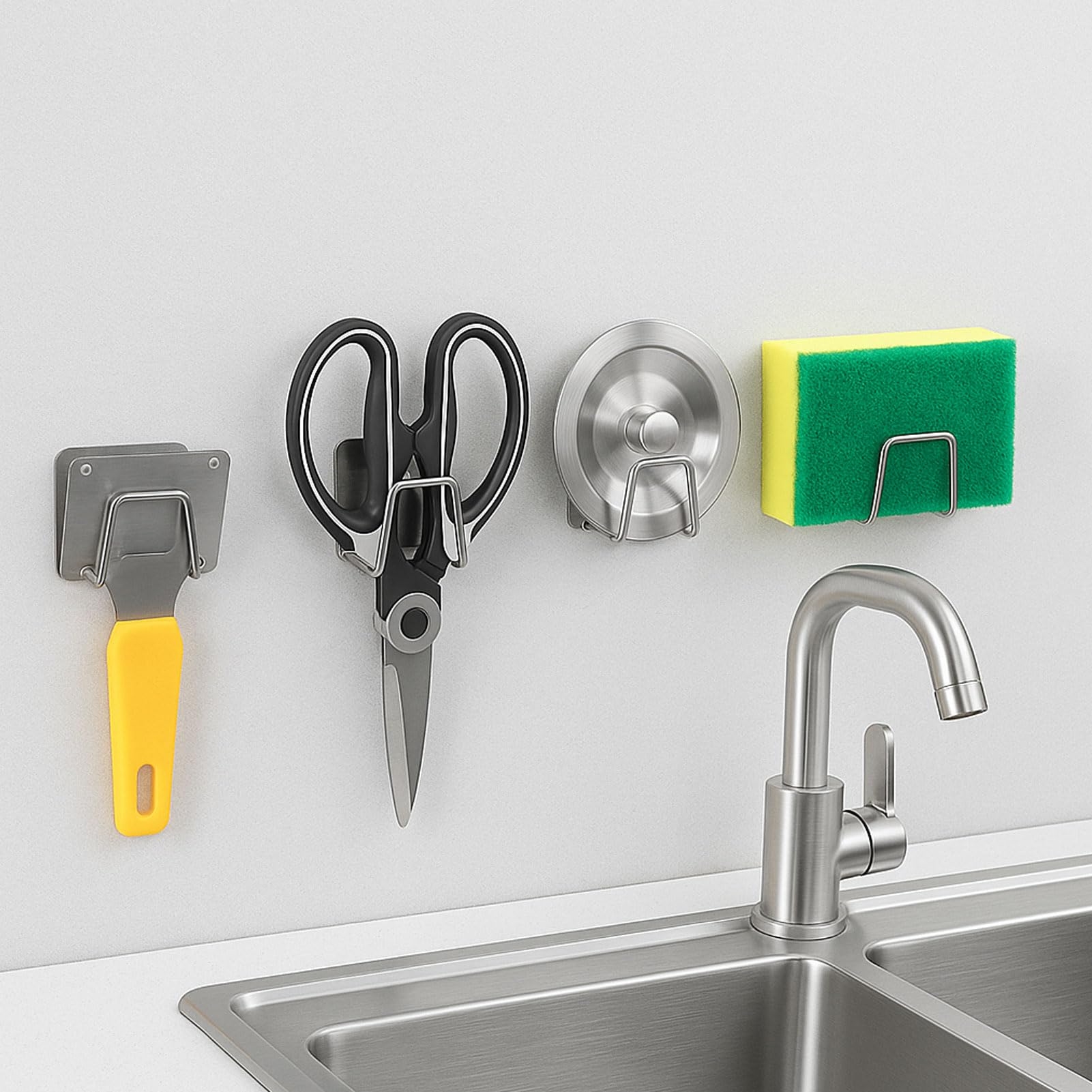 4PCS Sponge Holder Drying Racks for Kitchen Sink Stainless Steel Sink Caddy Organizer with No-Drill Adhesive Hook Holds