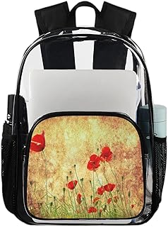 Mochila transparente resistente para meninos e meninas, mochila transparente de PVC espesso vintage flor de papoula transparente, mochila transparente com clipe de peito para escola, trabalho, faculdade, esportes, Multicor, Large