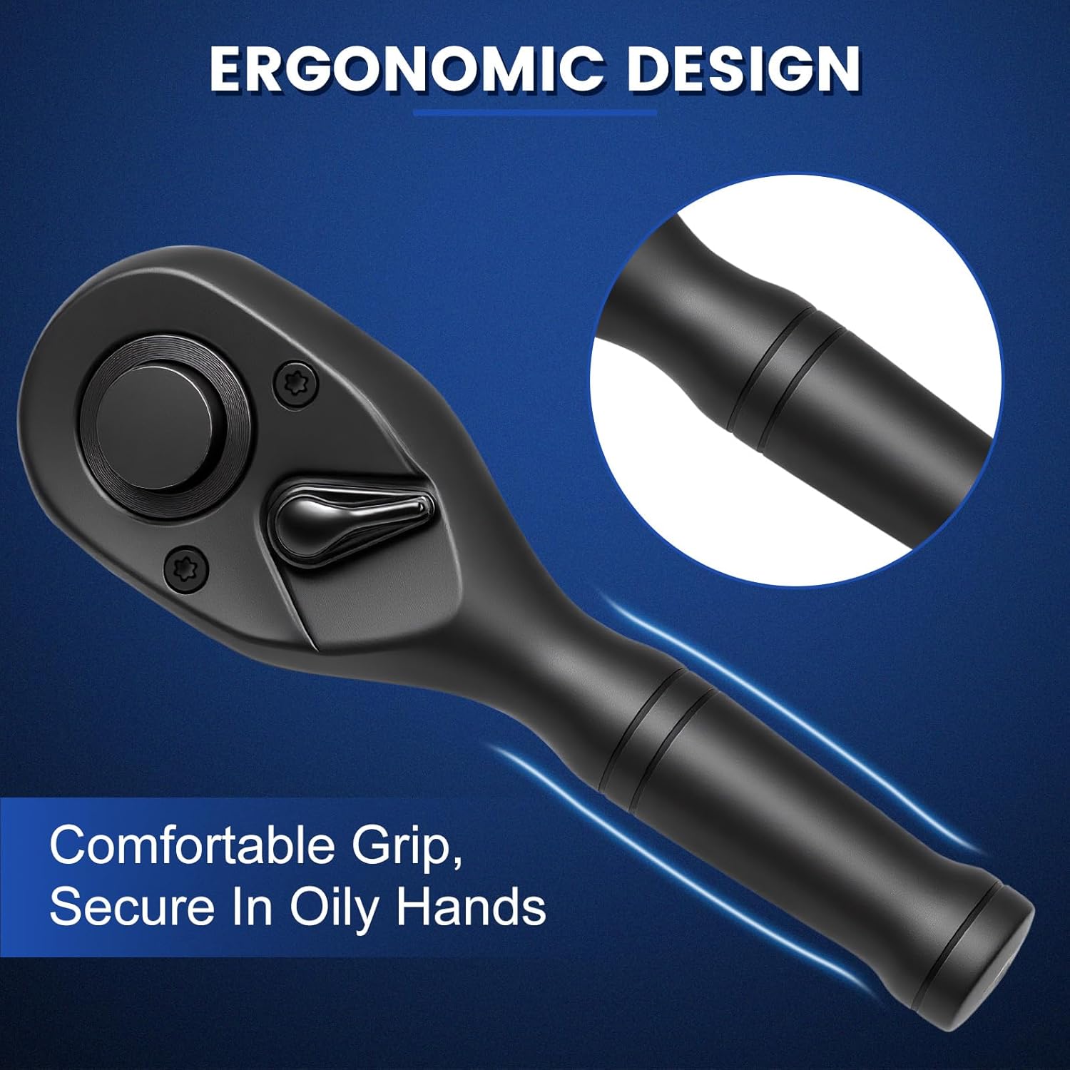 3-Piece Stubby Ratchet Set 1/4" 3/8" 1/2" Drive, 72-Tooth Black Finish, Quick Release & Reversible, CR-MO Steel with Non-Slip Grip for Tight Spaces, Includes EVA Case, Automotive DIY Tools