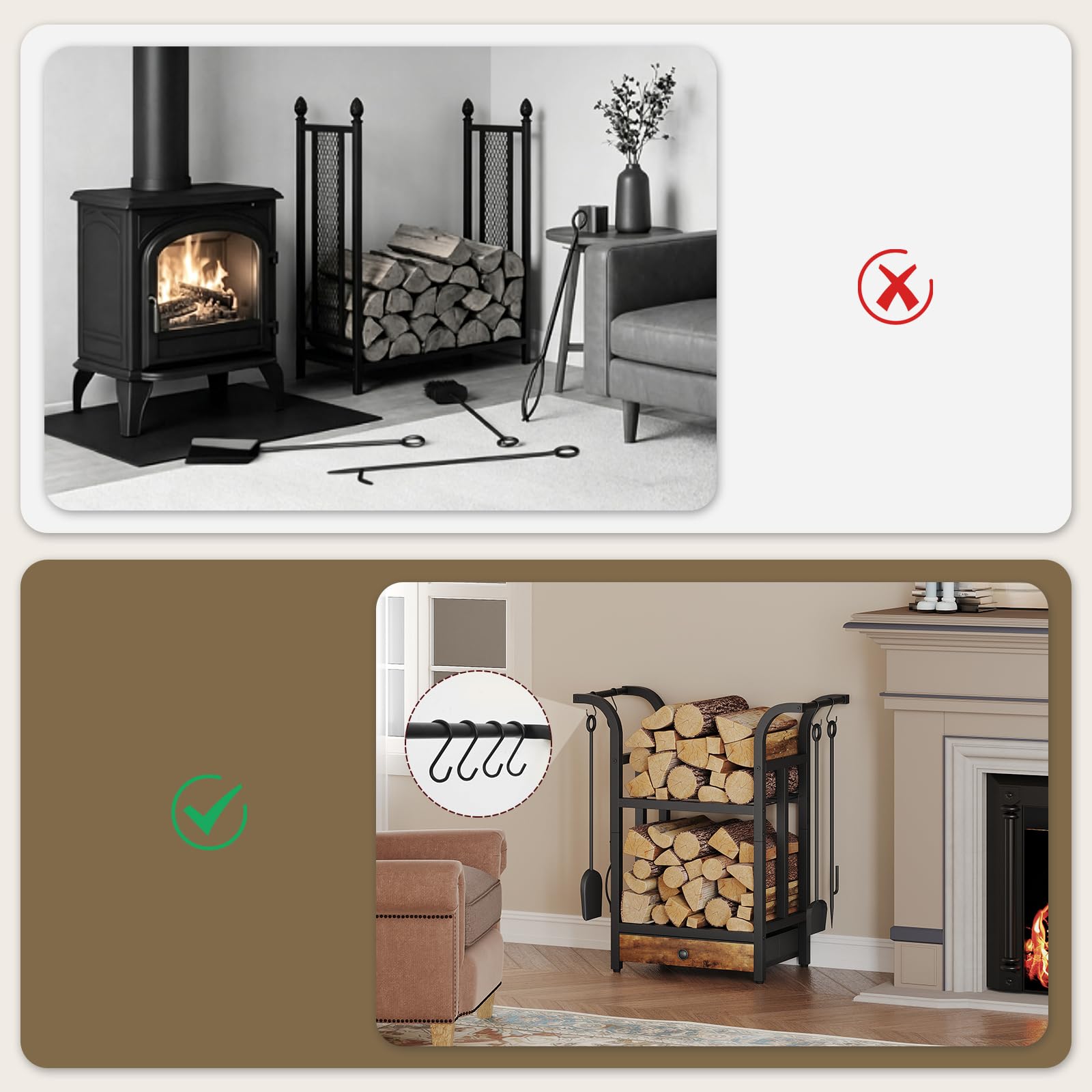 MAHANCRIS Legnaia da Esterno in Metallo, Portalegna 3 Ripiani con 4 Ganci, Scaffale Porta Legna, 68 x 30 x 73,5 cm, in Metallo per Camino, Marrone Vintage e Nero AFKBK4301