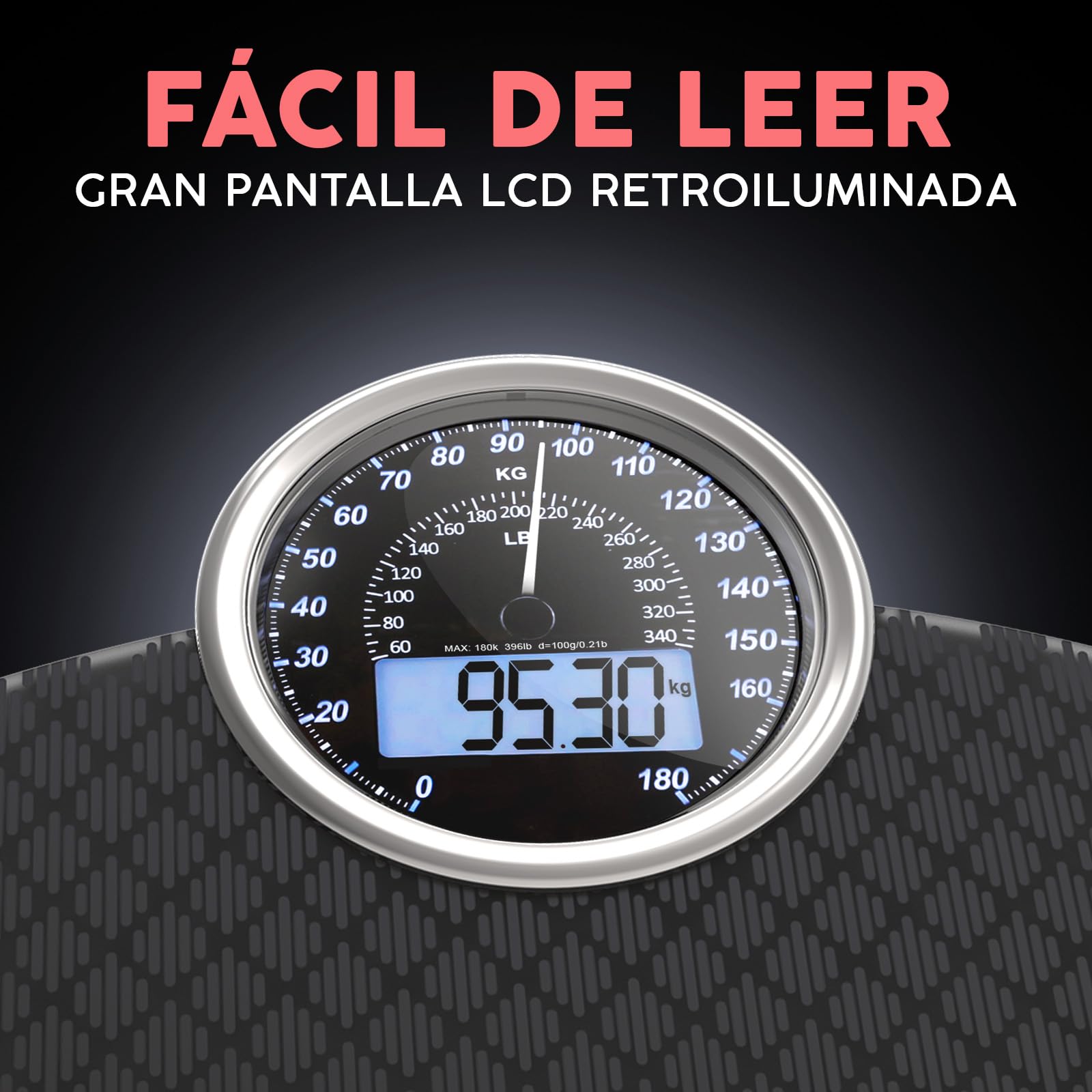 Hybrid Báscula de Baño - Analógica & Digital, Precisa hasta 180 kg | Vea su peso en el cuadrante analógico y LCD a la vez. Plataforma ancha, 3 pilas AAA incluidas, lista para usar.