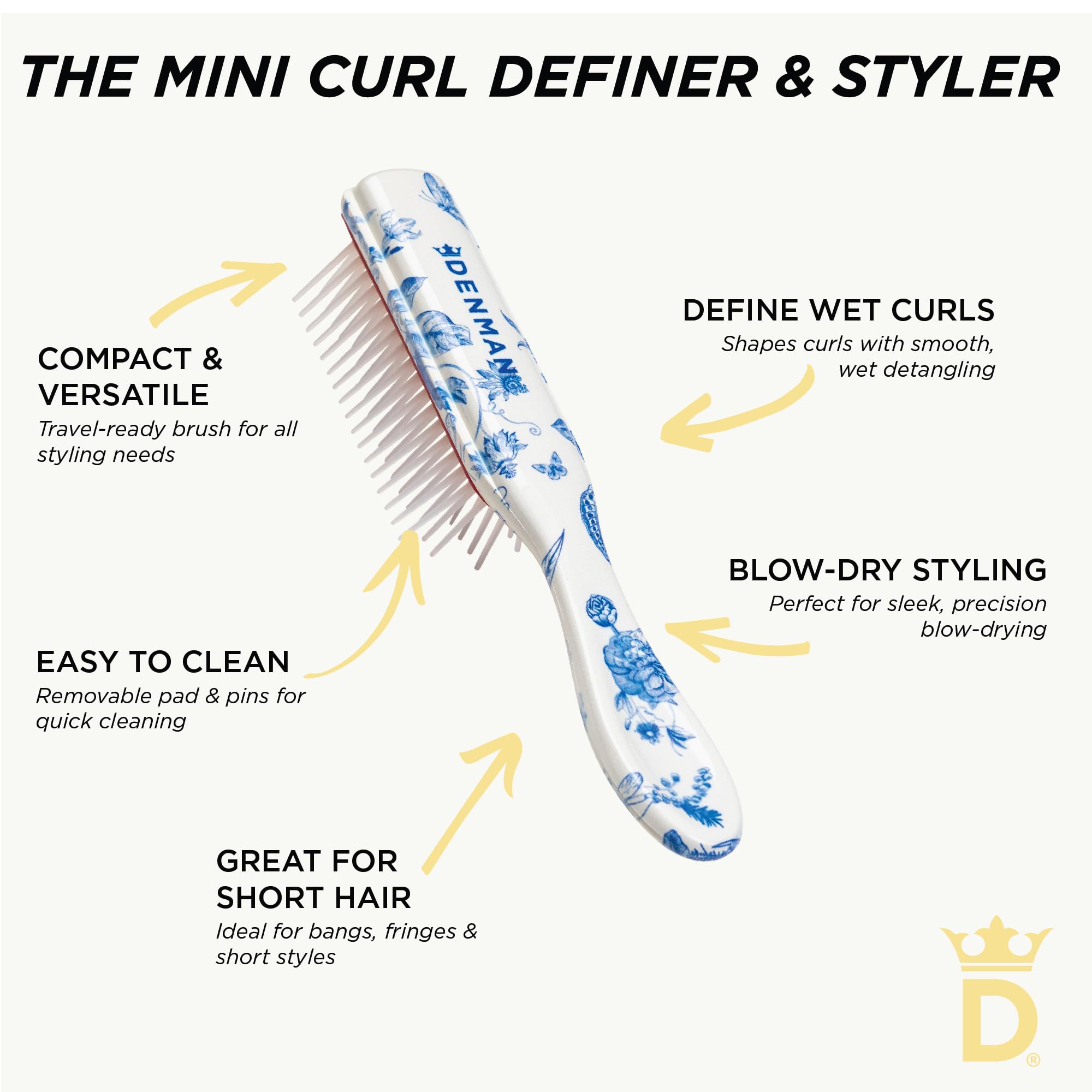 Denman Mini Curl & Blow-Dry Styling Brush – Define Curls, Smooth Frizz & Style Short Hair with Precision, D14 Blue Belle