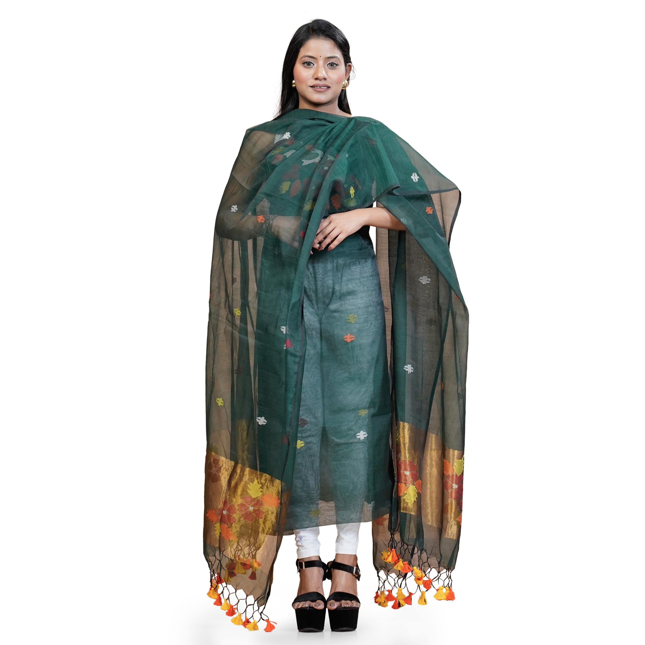 Handwoven Jamdani Suit with Jal Net Dupatta, Bottle Green, Muslin, Top 2.5 Meters, Dupatta 2.5 Meters-picture-38
