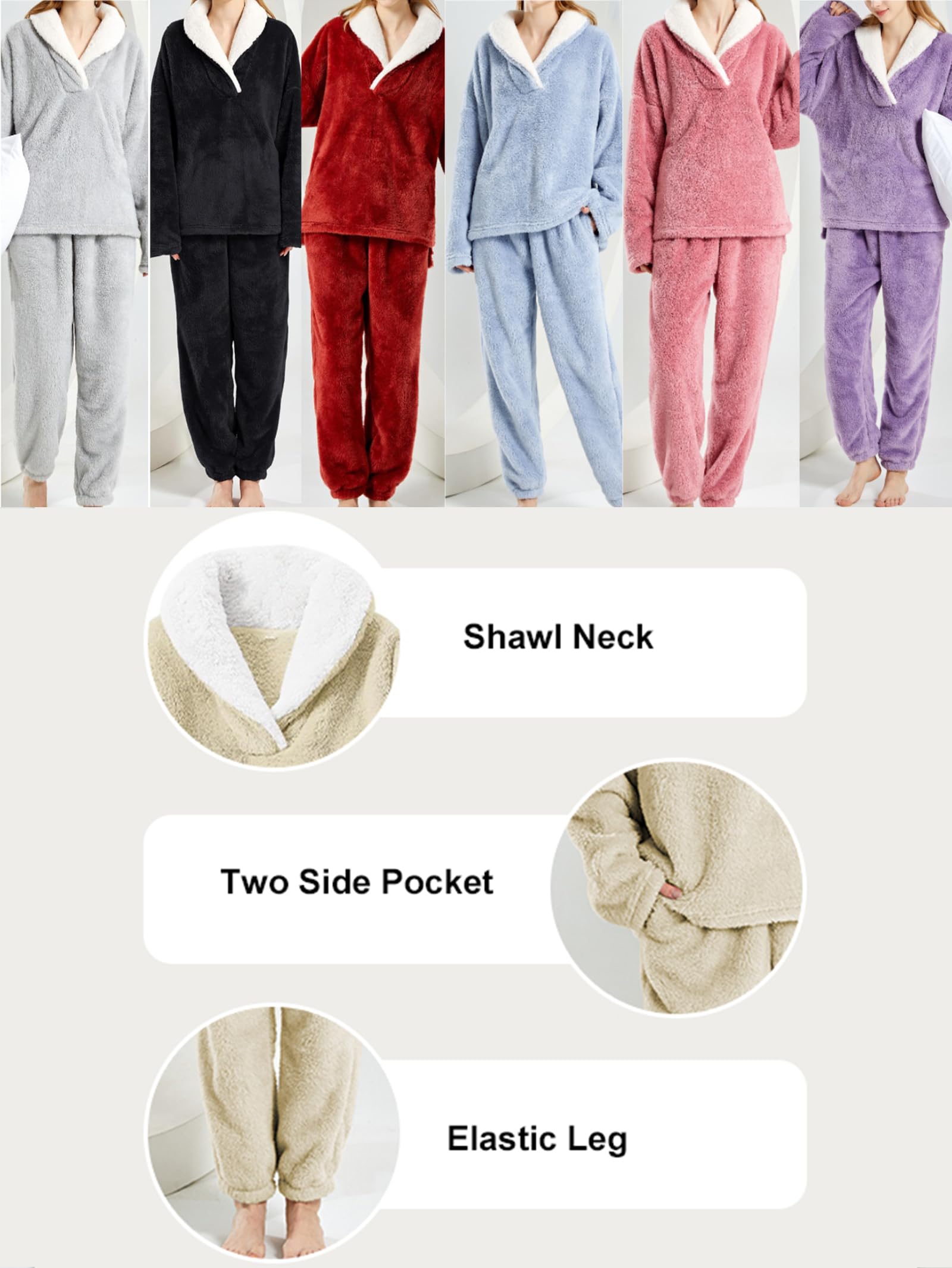 Famulily Conjunto de pijama de forro polar para mujer, cuello de chal, mullido, suave, acogedor, parte inferior esponjosa, ropa de dormir para invierno