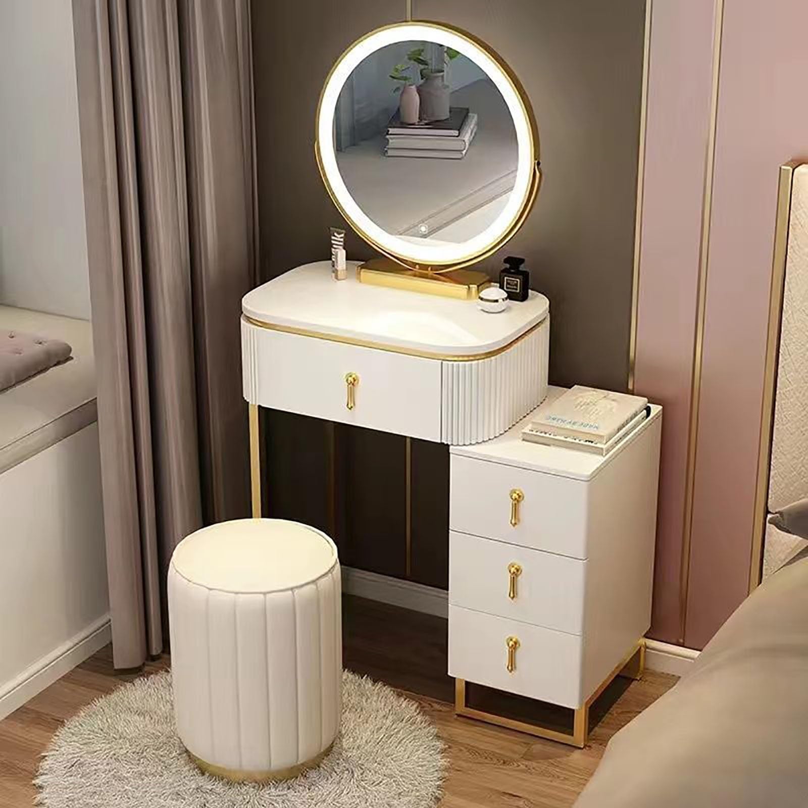 asdchZen White Makeup Vanity Table With Led Lights, Mirror & Drawers-Stylish Bedroom Dresser And Storage Stool For Women & Girls-50Cm Dressing Table,White-50cm