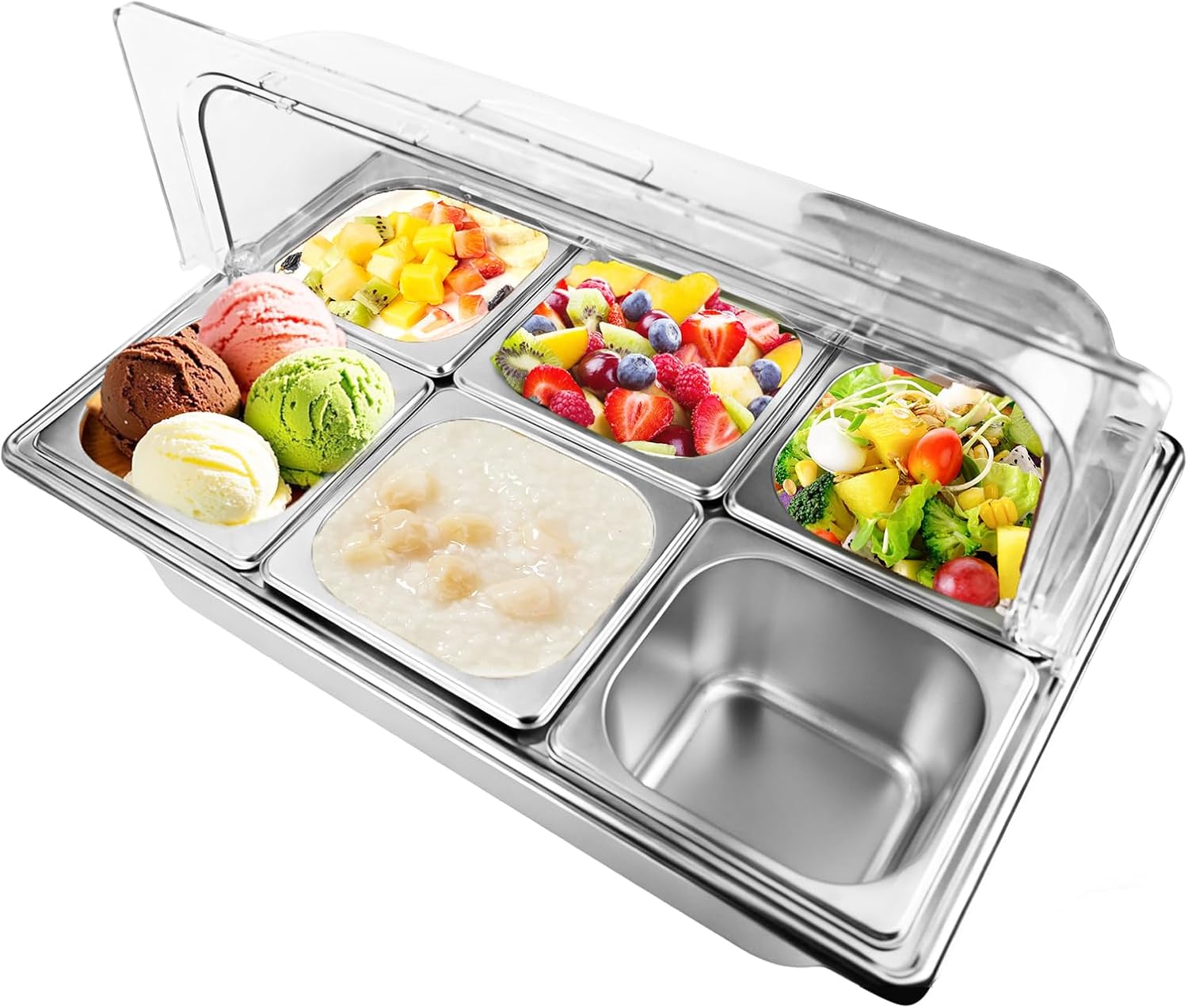 Salad bar Buffet Station for Home 6 Pan Countertop Food Serving Display Container With Clear Roll Top Cover,Cold Food Serving Trays for Party Buffet,Stainless Steel Buffet Server Condiment Tray