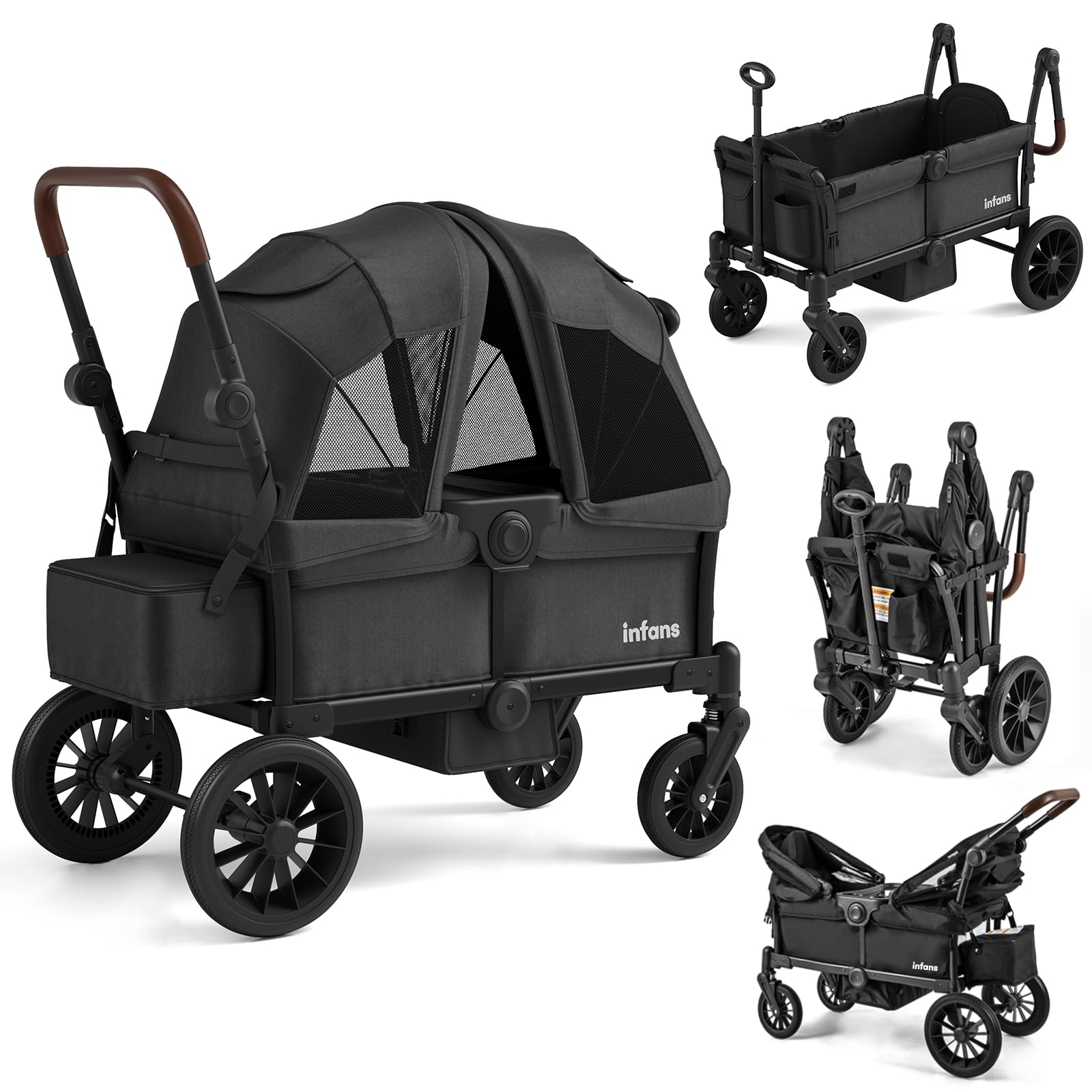 INFANS Wagon Stroller for 2 Kids, Collapsible Adjustable Push Pull Handle Bar, 2 Seater Stroller Wagon with Removable Canopy Snack Tray, Comfortable