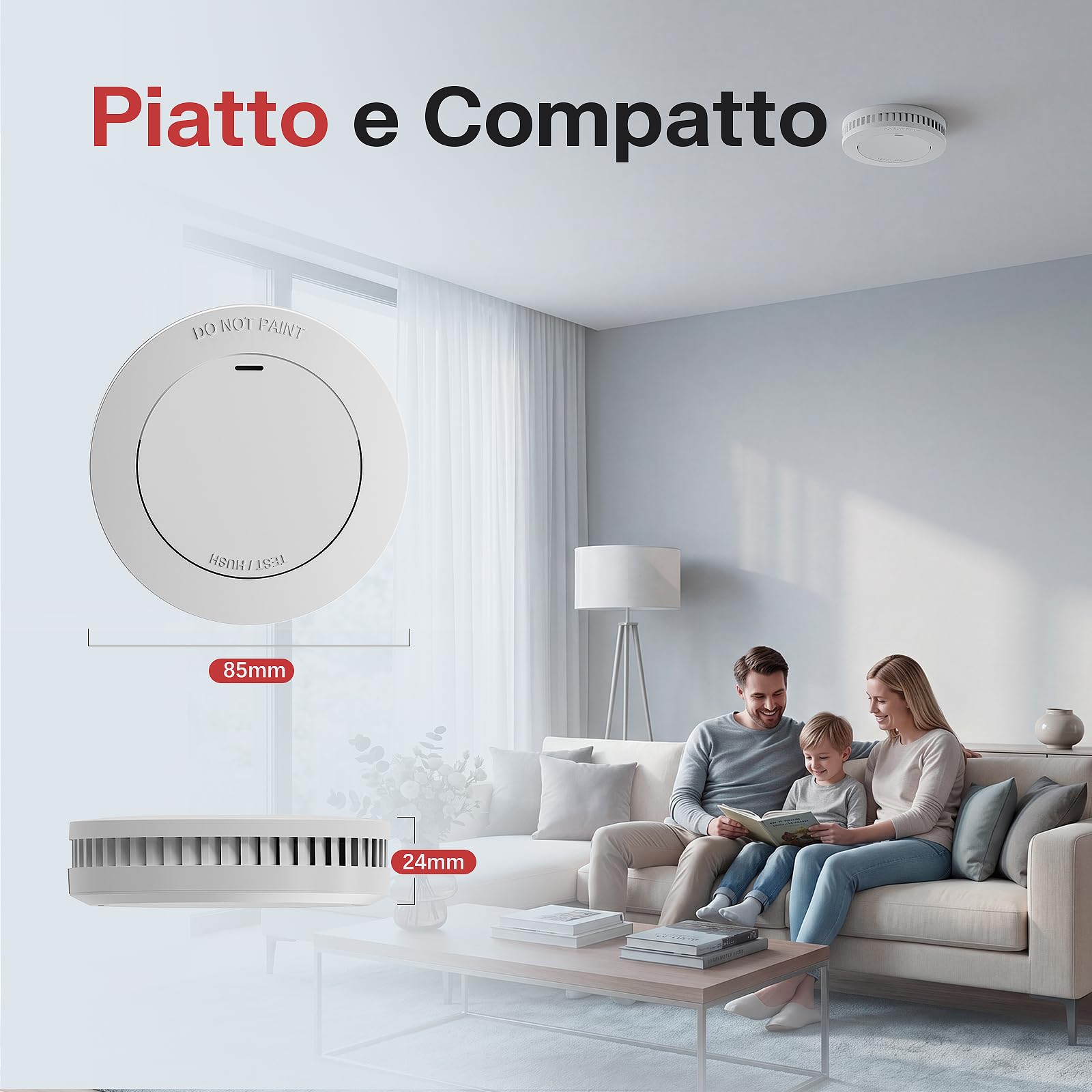 RUNIDUR Mini Set di Rilevatori di Fumo con Batteria da 10 Anni, Rilevatore di Incendio Senza Falsi Allarmi, Rilevatore di Incendio Piatto da Incollare Senza Forare, Bianco, Confezione da 3
