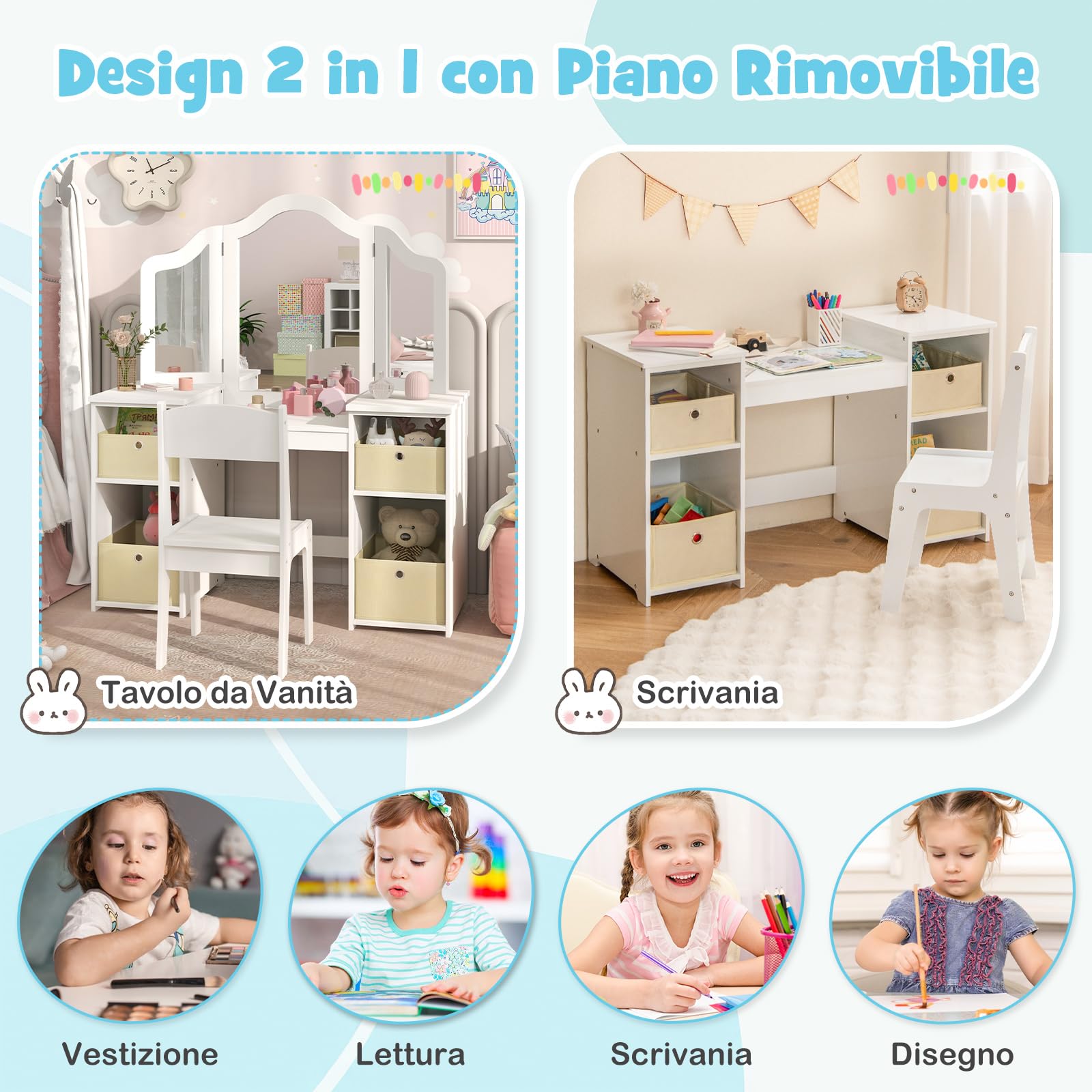 COSTWAY Toeletta Trucco 2 in 1 per Bambina, Specchiera Staccabile per Ragazza in Legno Robusto con 4 Cassetti in Tessuto, Sgabello e Specchio, Postazione Trucco per 3 Anni, 104 x 40 x 117 cm (Bianco)