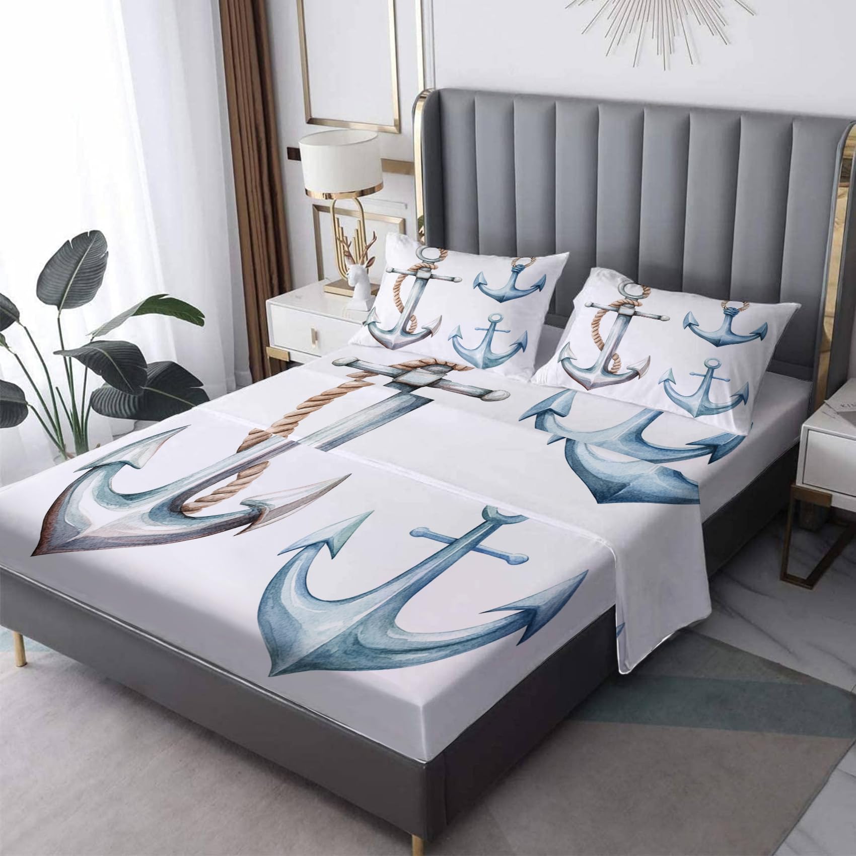 Zvynqour Anchor Bed Sheets Queen Size - Nautical Sheet Set - Deep Pocket Fitted Sheets & Flat Sheet & Pillowcases 4 Piece - Anchor Bedding & Decor - Soft Brushed Microfibe
