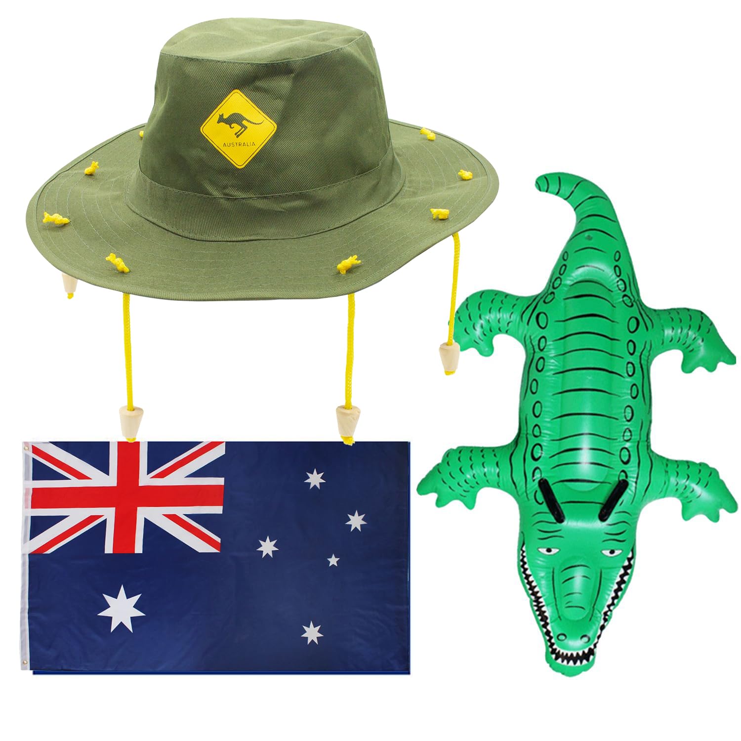 I LOVE FANCY DRESS Australia Day Costume Set - Aussie Flag + Australian Cork Hat w/Yellow Kangaroo Print + Inflatable Crocodile — image 1