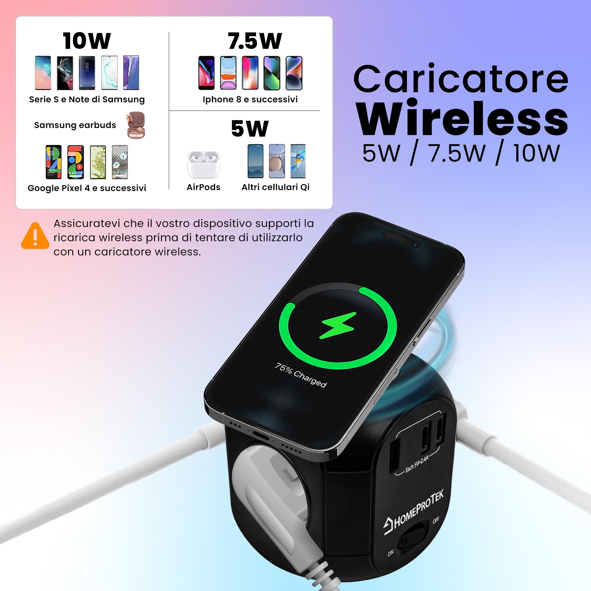 HOMEPROTEK Ciabatta Multipresa Con USB : Power Cube Con Caricatore Wireless, 3 Prese AC, 2 Porte USBC, 1 Porta USBA, Interruttore - Ciabatta Elettrica Compatta e Versatile per Casa e Ufficio - Nero