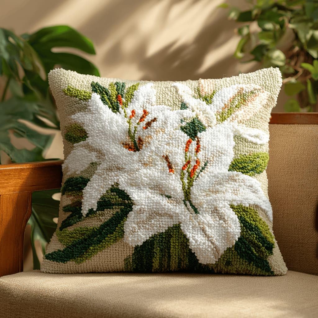 Kitquiver Latch Hook Kits Lily for Adults,Beginners DIY Latch Hook Cushion Kits and Latch Rug Kits Cross-Stitch Embroidery Cushion Cover for Home Sofa Decoration 17X17 in