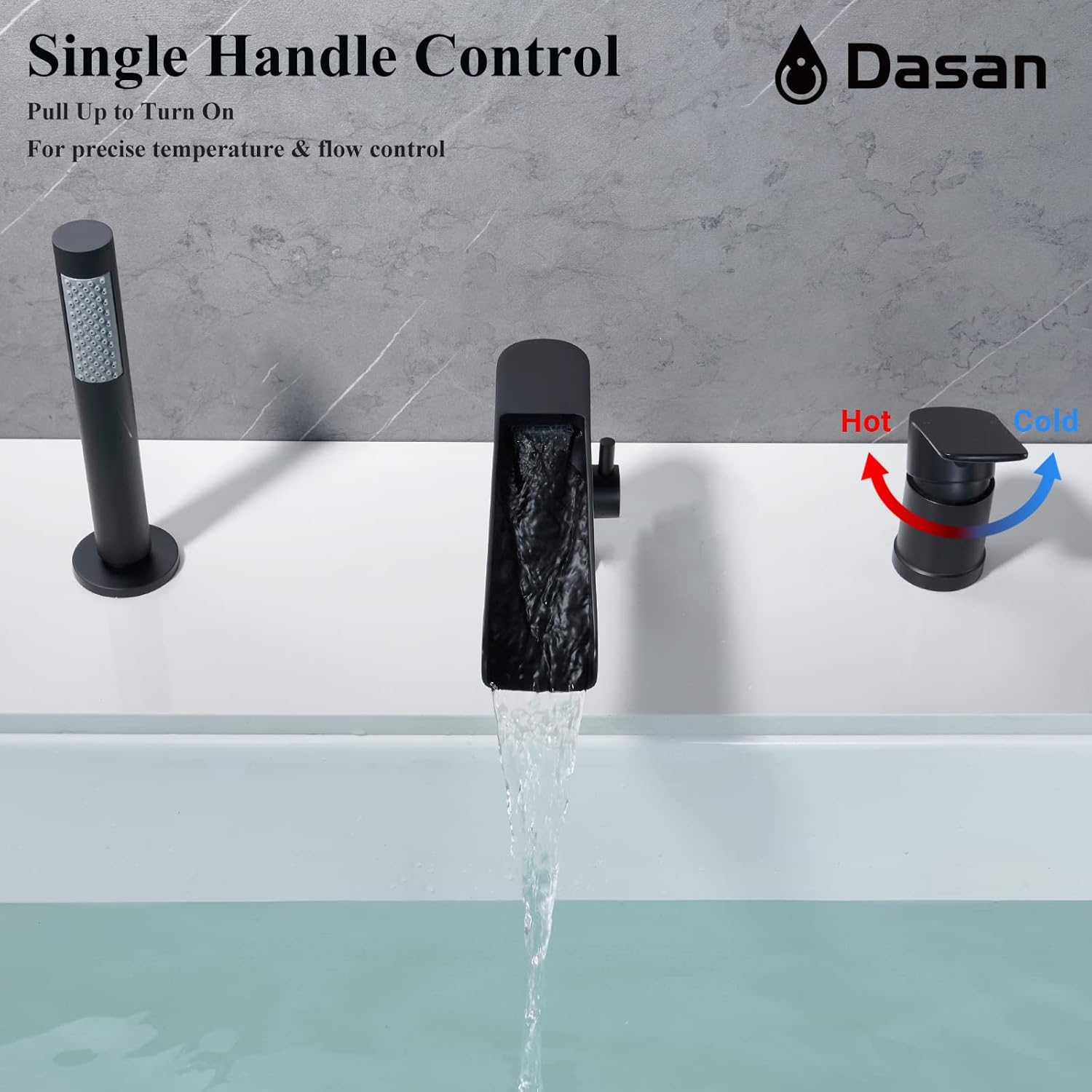DASAN Roman Bathtub Faucet Set with Handheld Shower Sprayer 3-Hole Deck Mount Tub Filler Faucet Set, Matte Black Waterfall Roman Tub Faucet with Valve Included, DA-TF09WH-BK