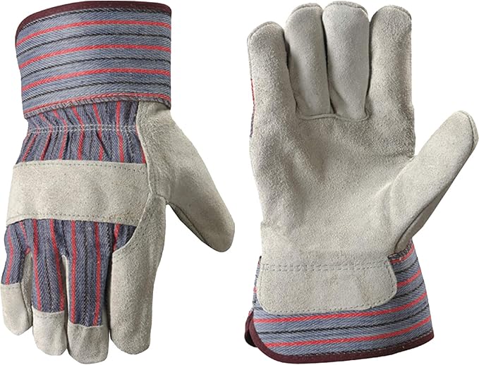 wells lamont gray reinforced work gloves with striped fabric fingers and cuff