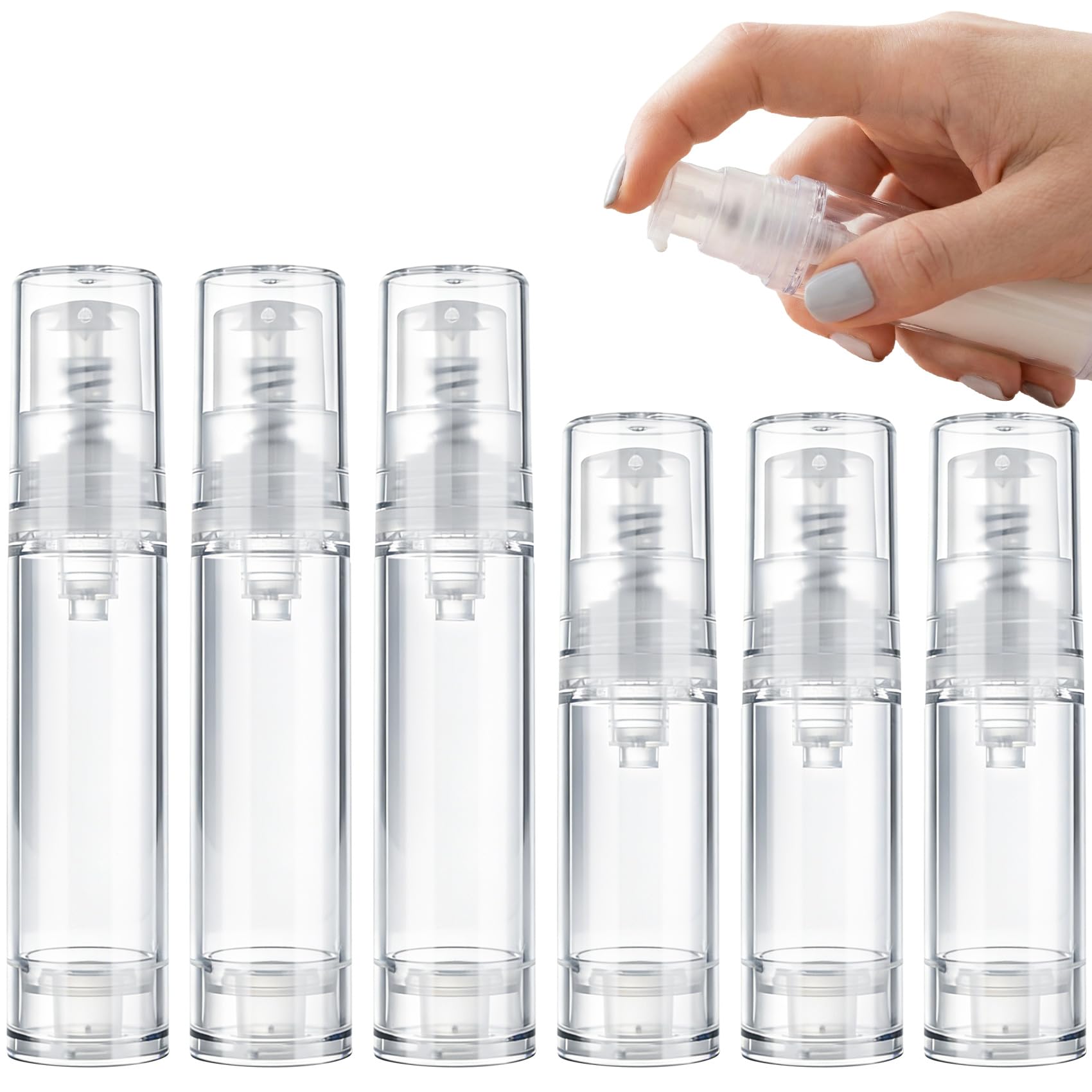 Hzopcw 6pcs Airless Travel Pump Bottle, Empty Refillable Vacuum Pump Bottle, 5ml 10ml Plastic Press Lotion Travel Container for DIY Cosmetic Foundation Toiletries- Clear