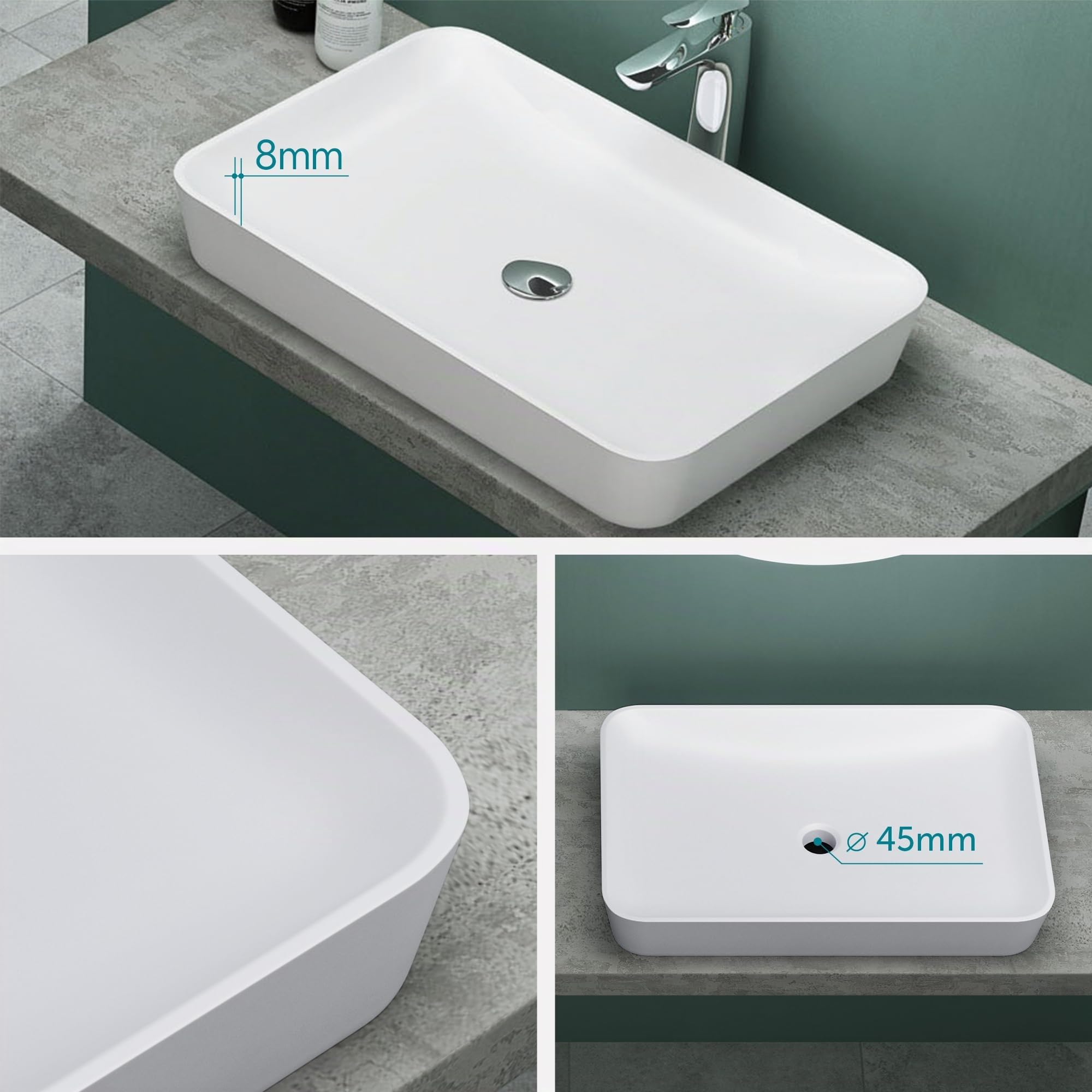 Mai & Mai Lavabo da Appoggio 60x40x9cm in Minerale Fuso, Colossum815 | Lavandino Bagno, Bianco Opaco, Stampaggio Monopezzo, Nano-rivestimento