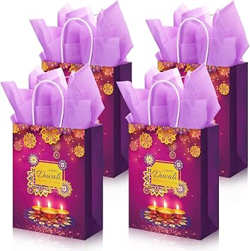 Qilery 18 Pcs Diwali Gift Bags with Tissue Paper Diwali Candy Goody Bags with Handles for Indian Celebration Supplies Decoration