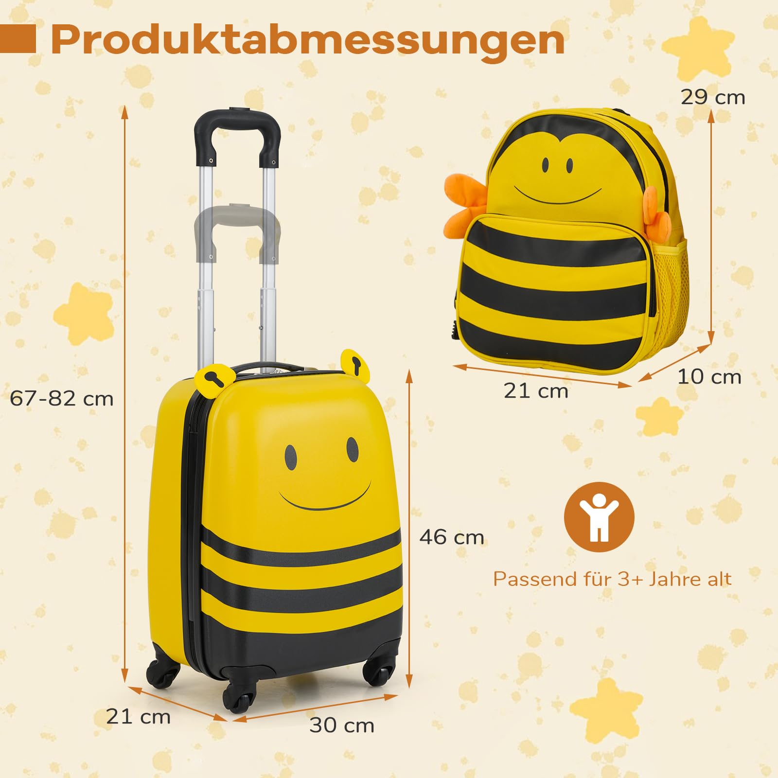 GOPLUS Kinderkoffer 2 TLG. mit Rucksack, Reisekoffer Set Kinder mit niedlichem Bienen-Rucksack & 18 Zoll Rollkoffer, 12”+16” Kindertrolley aus Kunststoff, Kindergepäck Flugzeug für Jungen & Mädchen