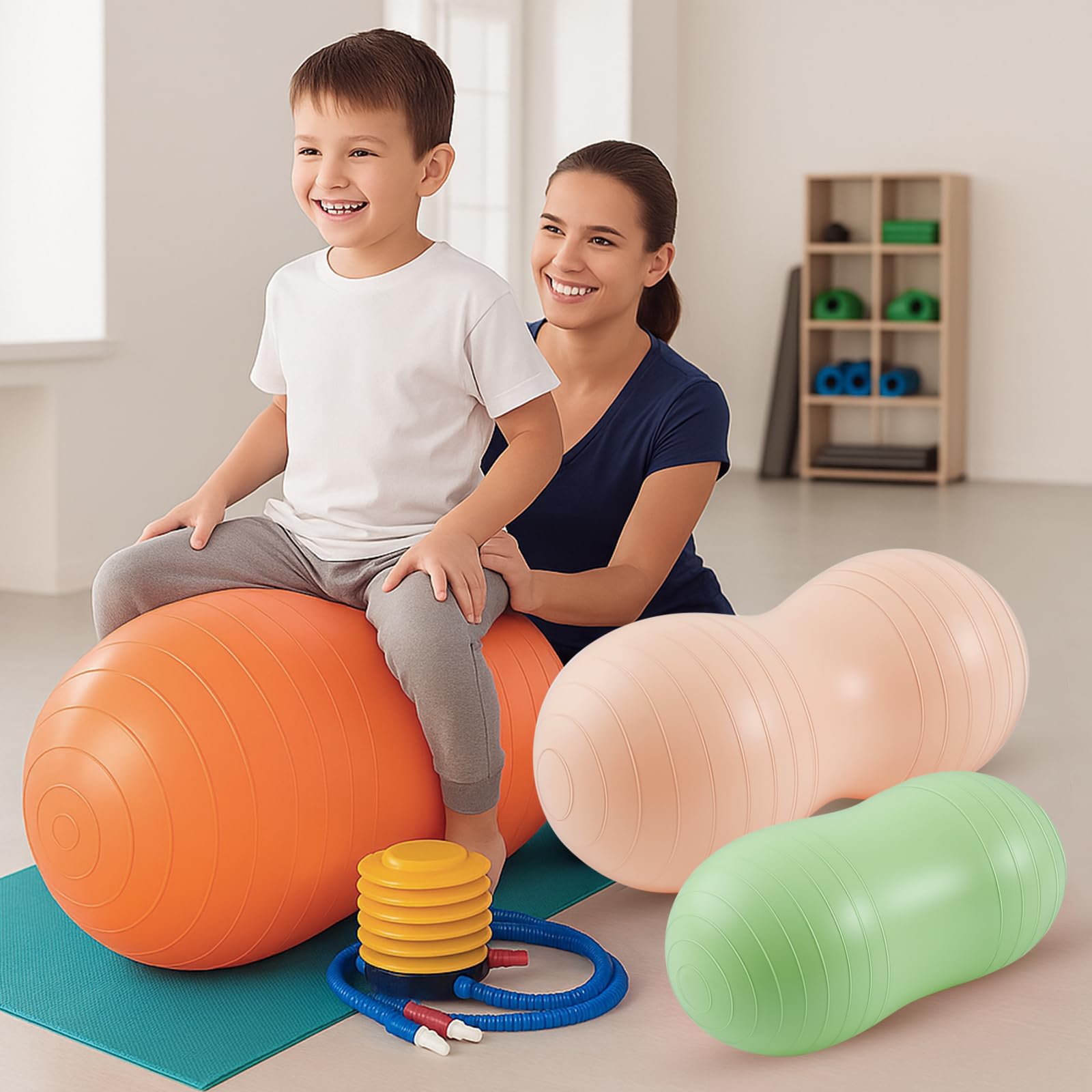 Jexine Lot de 3 balles d'exercice Anti-éclatement en Forme de cacahuète – Balle d'équilibre de Yoga pour la Maison, la Gym, la Grossesse, Le Travail et la physiothérapie, Comprend 1 Pompe, 3 Options | Balle de yoga avec pompe, convient pour l'entraînement