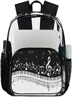 Notas musicais mochila transparente mochila resistente, teclado de piano mochila transparente impermeável PVC mochila transparente com alça de ombro reforçada para escola, trabalho, viagens, Multicor