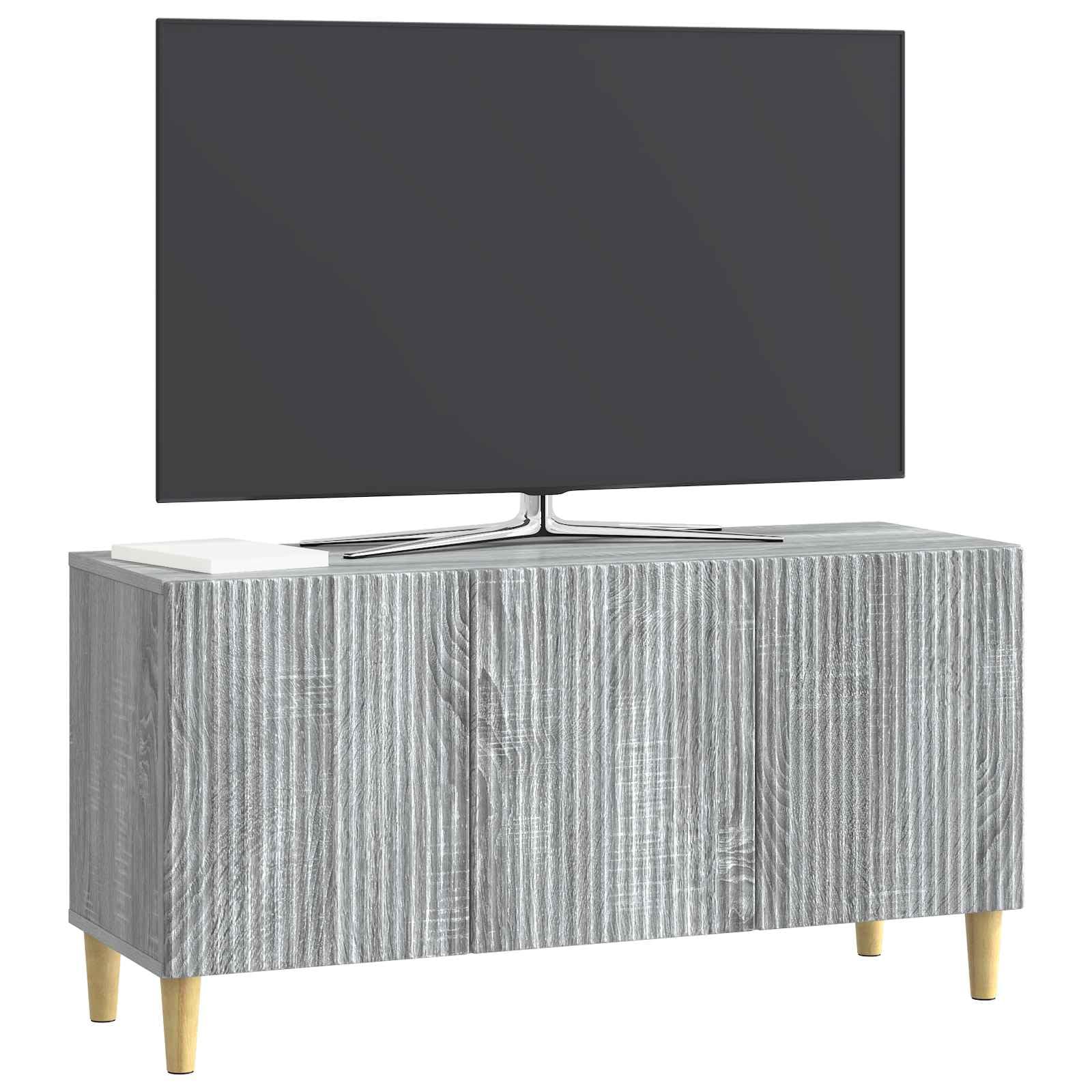 Mobile TV basso grigio sonoma, 99 x 34,5 x 50 cm, mobile TV con 3 ante e gambe coniche, mobile TV in legno, mobile TV vintage per soggiorno e camera da letto