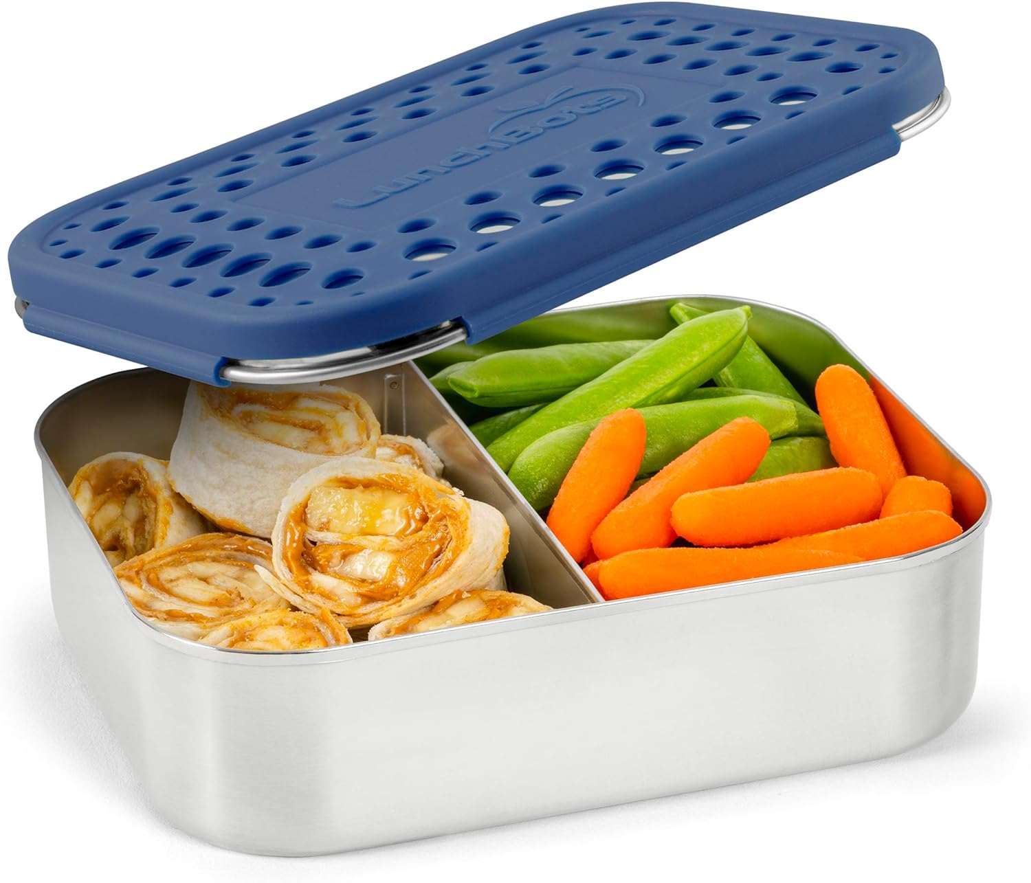 LunchBots Medium Duo Snack Container - Divided Stainless Steel Food Container - Two Sections for Half Sandwich and a Side - Eco-Friendly - Dishwasher Safe - Stainless Lid - Blue Dots