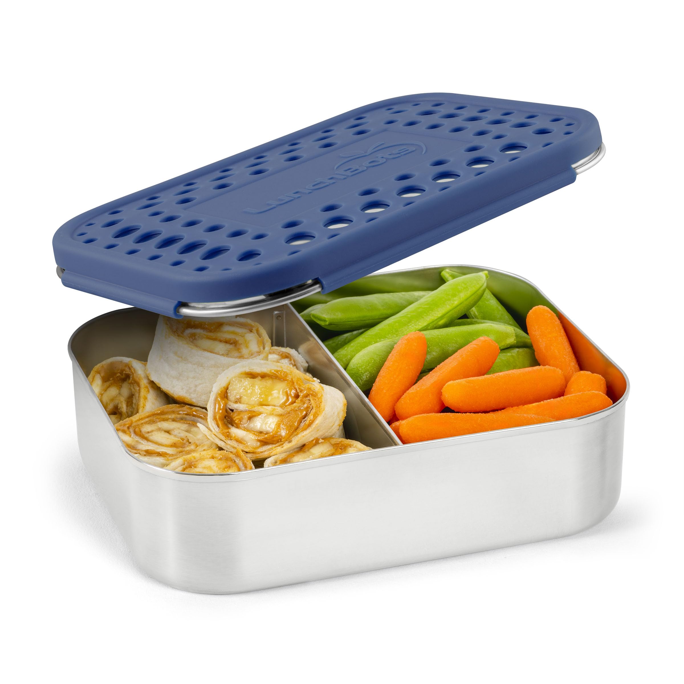 LunchBots Medium Duo Snack Container - Divided Stainless Steel Food Container - Two Sections for Half Sandwich and a Side - Eco-Friendly - Dishwasher Safe - Stainless Lid - Blue Dots