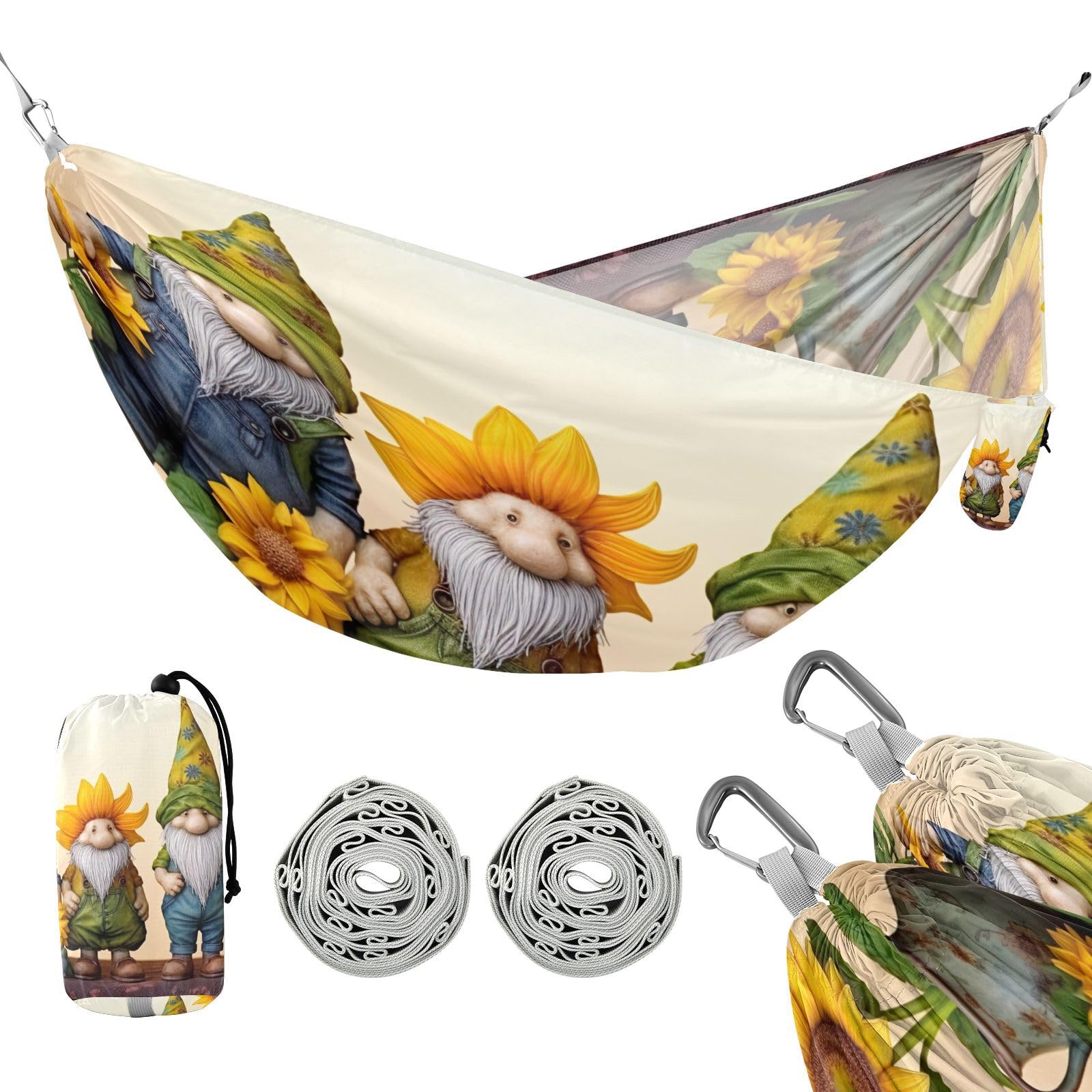 SDMKA Gnomes with Sunflowers Camping Hammock, 330 lbs with 2 Tree Straps, Carry Bag, Single Portable Hammock for Outdoor/Indoor, Hiking, Beach, Backpacking, Travel