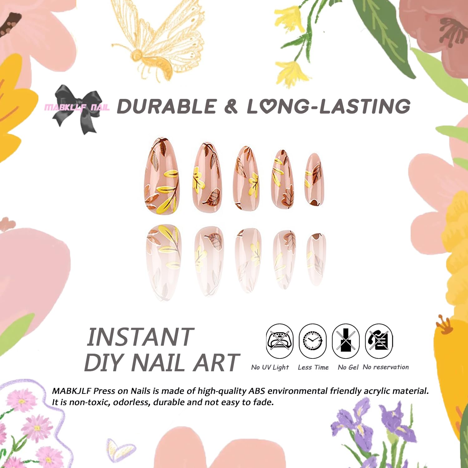 Press on Nails Medium Almond MABKJLF Fall Fake Nails False Nails with Designs Yellow & Orange Maple Leaves Full Cover Glossy Glue on Nails Autumn Acrylic Nails for Women Girls 24 Pcs