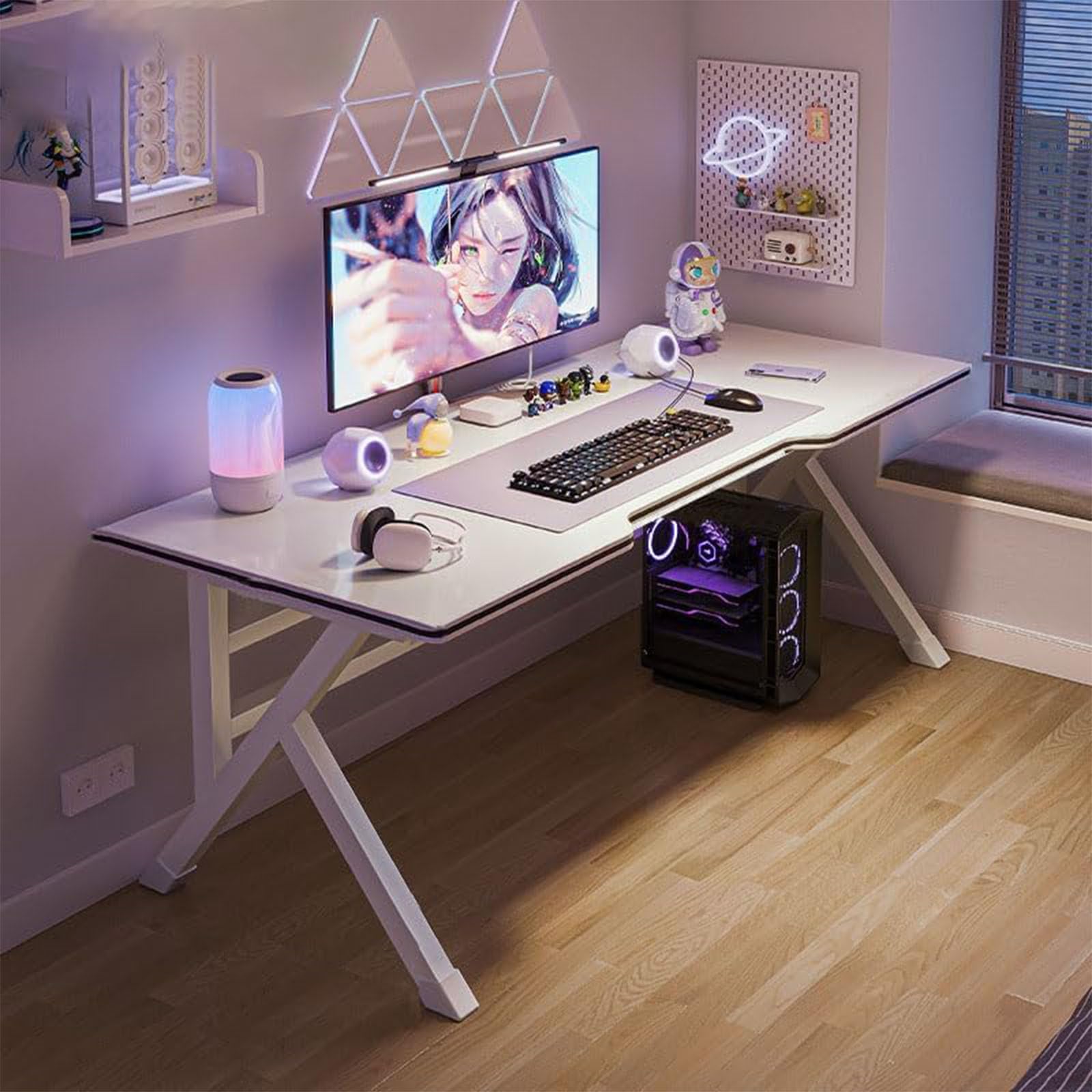 Beauenty Office Computer Desk,Gaming Desk for Home,Home Office Desk with Elevated Shelf, Ergonomic Design, Wide Desktop, Strong Load-Bearing Capacity,Ideal for Adults,Gamers (white,140 * 60 * 72)