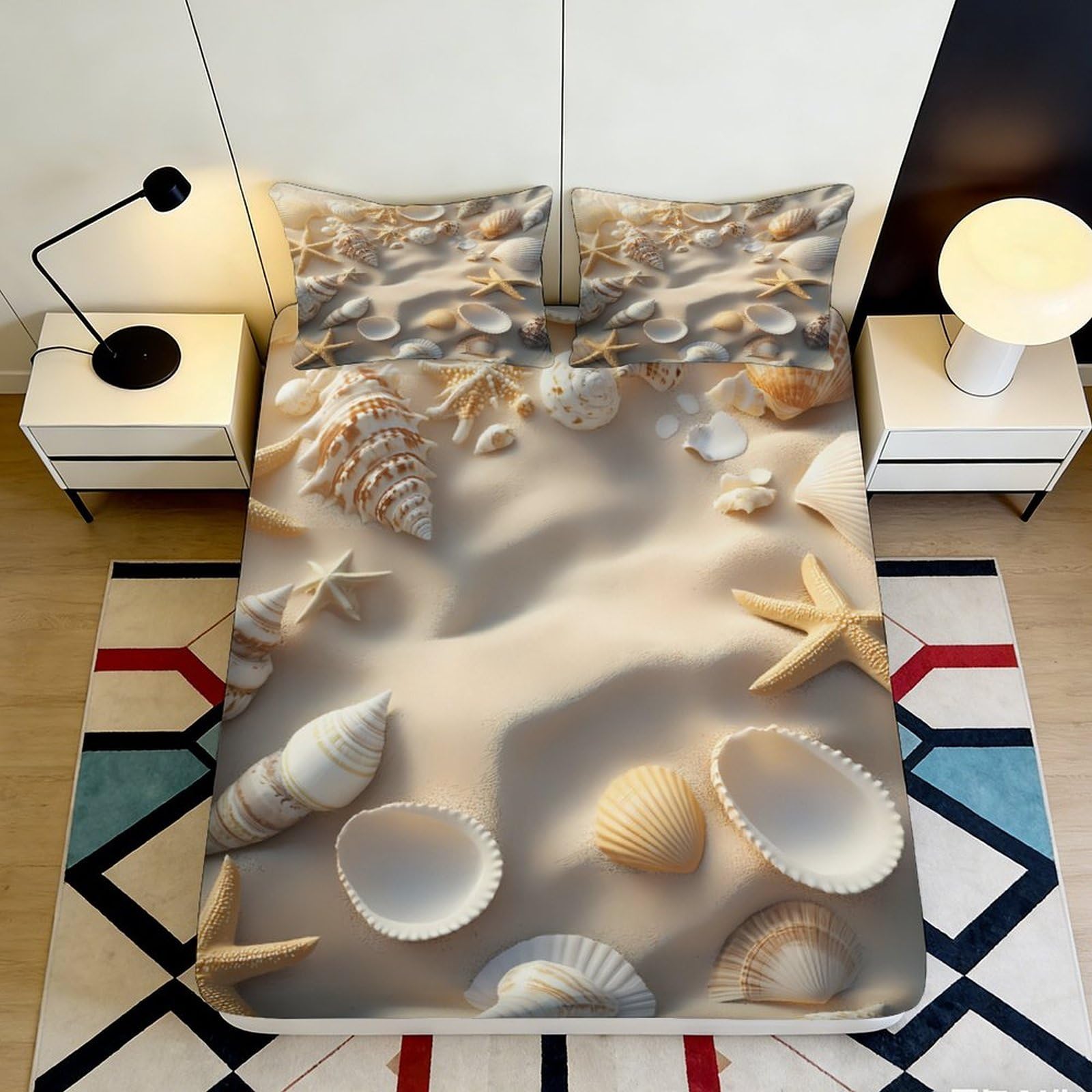 3D Printed Beach Seashell Fitted Sheet Microfiber Soft Sand Starfish Mattress Cover for Bedroom Guest Room Decor 90x200x25cm