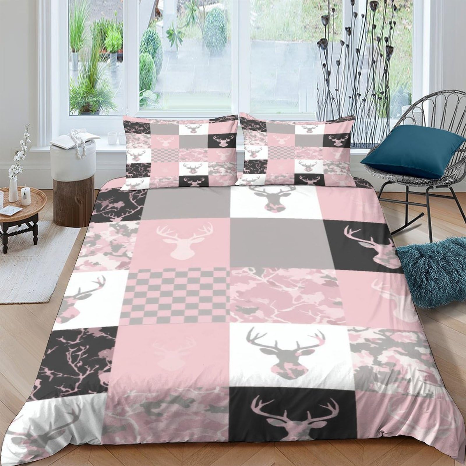 Ctjqhvkz Style-5 3D Printed Pink Patchwork Fitted Sheet Microfiber Soft Breathable Deer Silhouette Bed Cover For Bedroom Guest Room Decor Single（135X200cm）