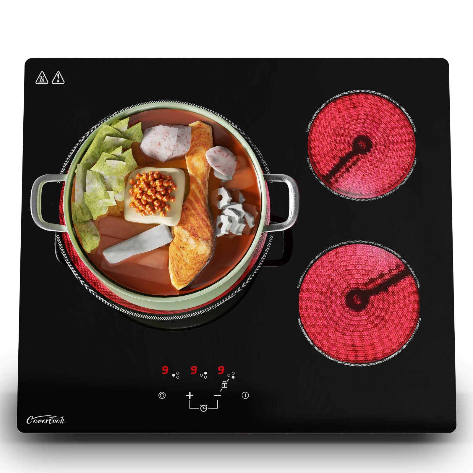 Plaque de Cuisson Vitrocéramique 3 feux cuisinière 60 cm puissance totale 5400W avec commandes tactiles sécurité intégrée timer électronique pour cuisson précise et flexibilité de cuisine, Noir